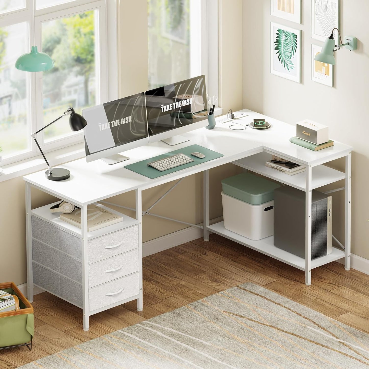 Huuger L Shaped Office Desk with Power Outlets, 55 Inch Computer Desk with 3 Drawers, Shelves, Reverisble for Gaming Corner Work Home Office Study, White