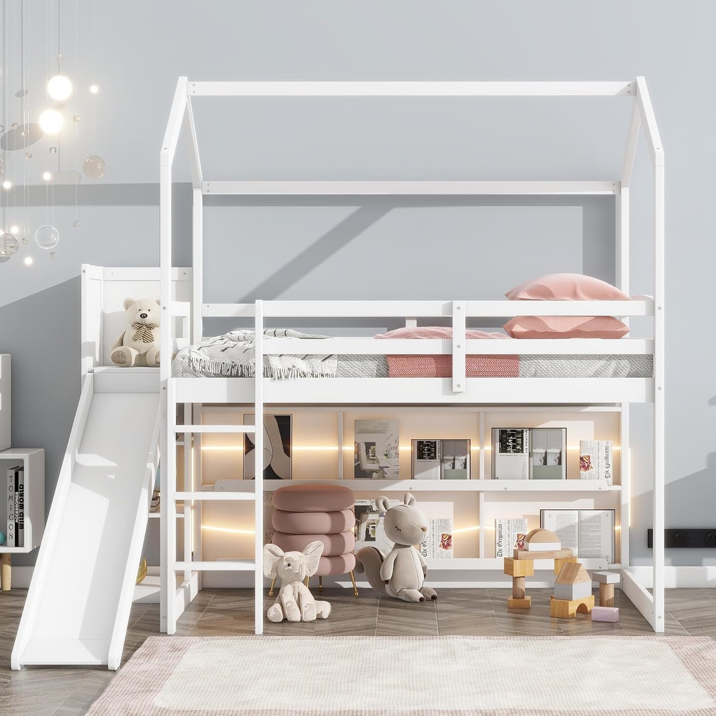 Twin Size House Loft Bed with Slide, Storage Shelves and Light, Wood Kids Bed Frame with Guardrail and Ladder,Climbing Ramp,for Teens Boys Girls Bedroom, White