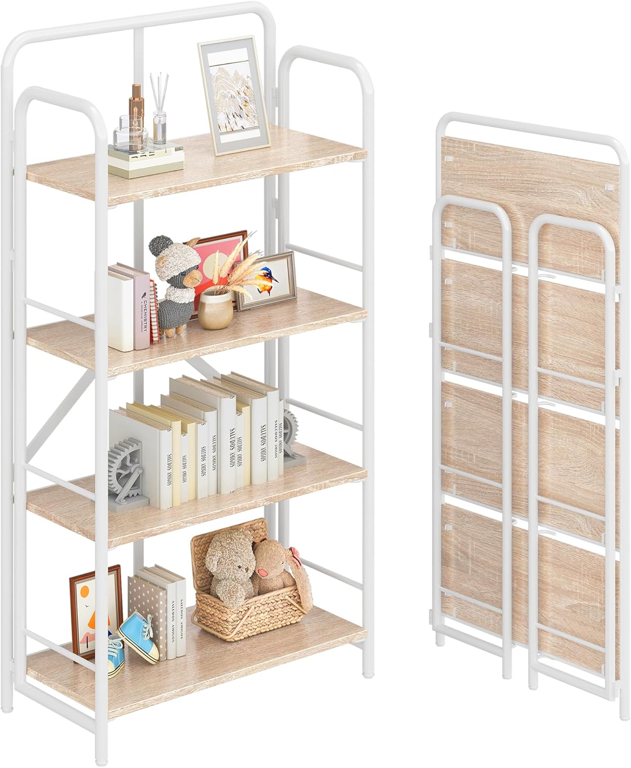 4NM No Assembly Folding Bookshelf 4 Tiers Vintage Industrial White Book Shelf Metal Foldable Storage Bookcase and Bookshelves for Living Room,Bedroom and Kitchen - Natural