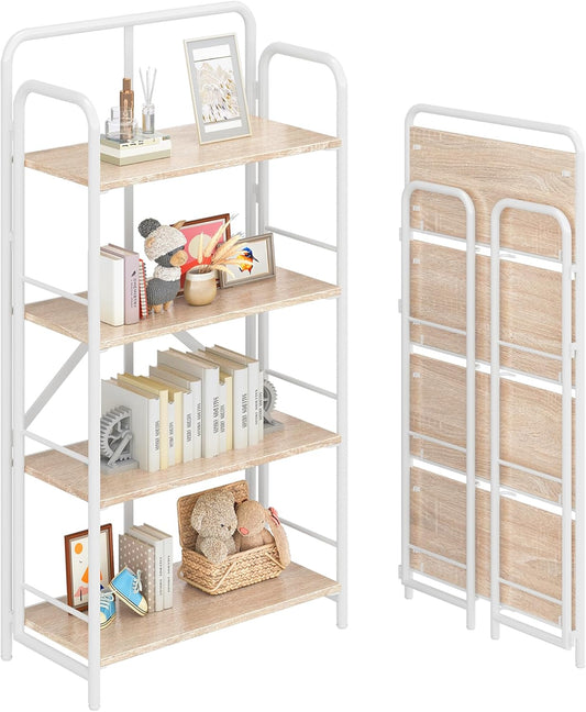 4NM No Assembly Folding Bookshelf 4 Tiers Vintage Industrial White Book Shelf Metal Foldable Storage Bookcase and Bookshelves for Living Room,Bedroom and Kitchen - Natural