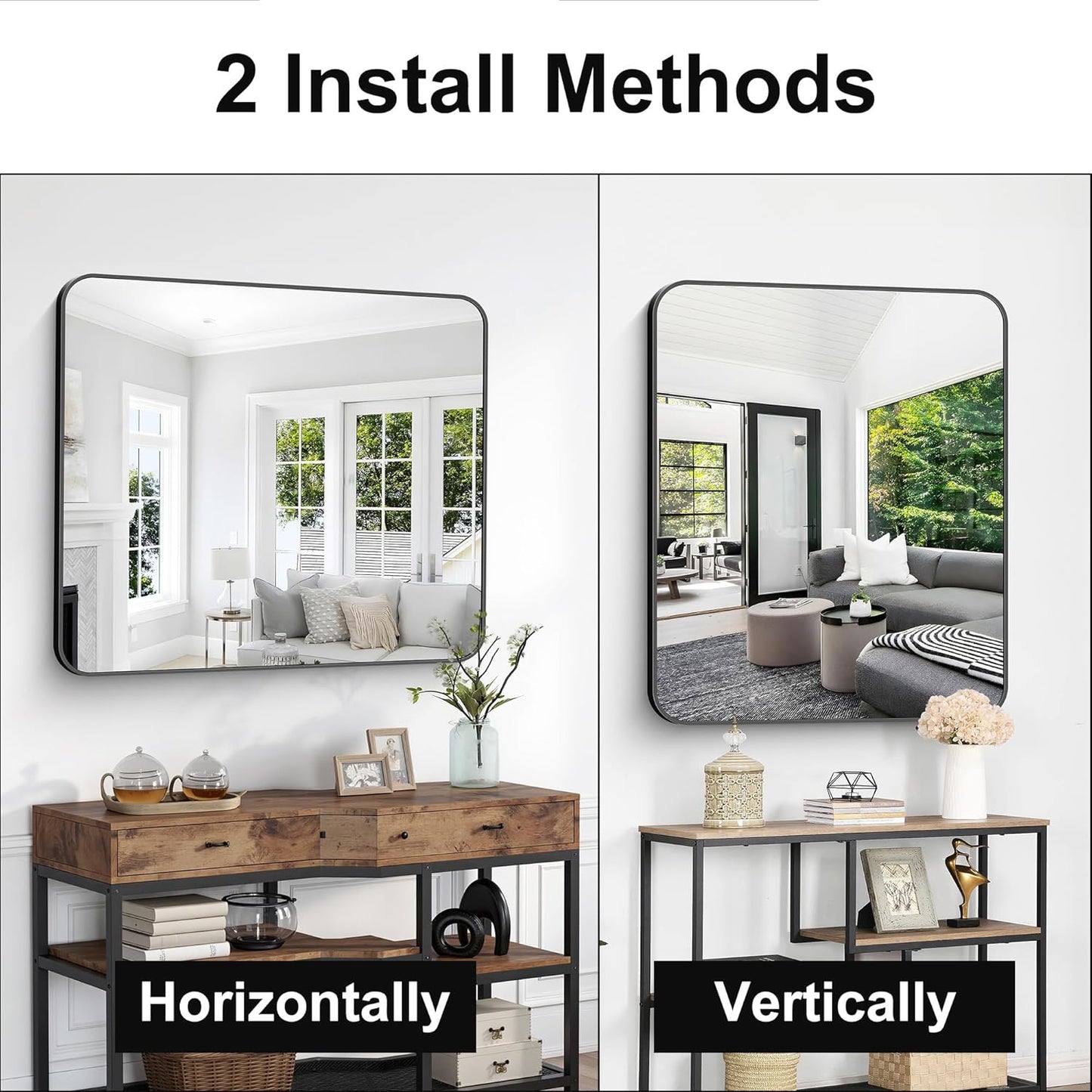 Bathroom Mirror, 36 x 30 inch Metal Framed Black Rectangle Mirror, Rounded Corner Rectangular Vanity Mirror, Wall Mounted Mirror for Modern Bedroom Living Room Hangs Horizontal or Vertical