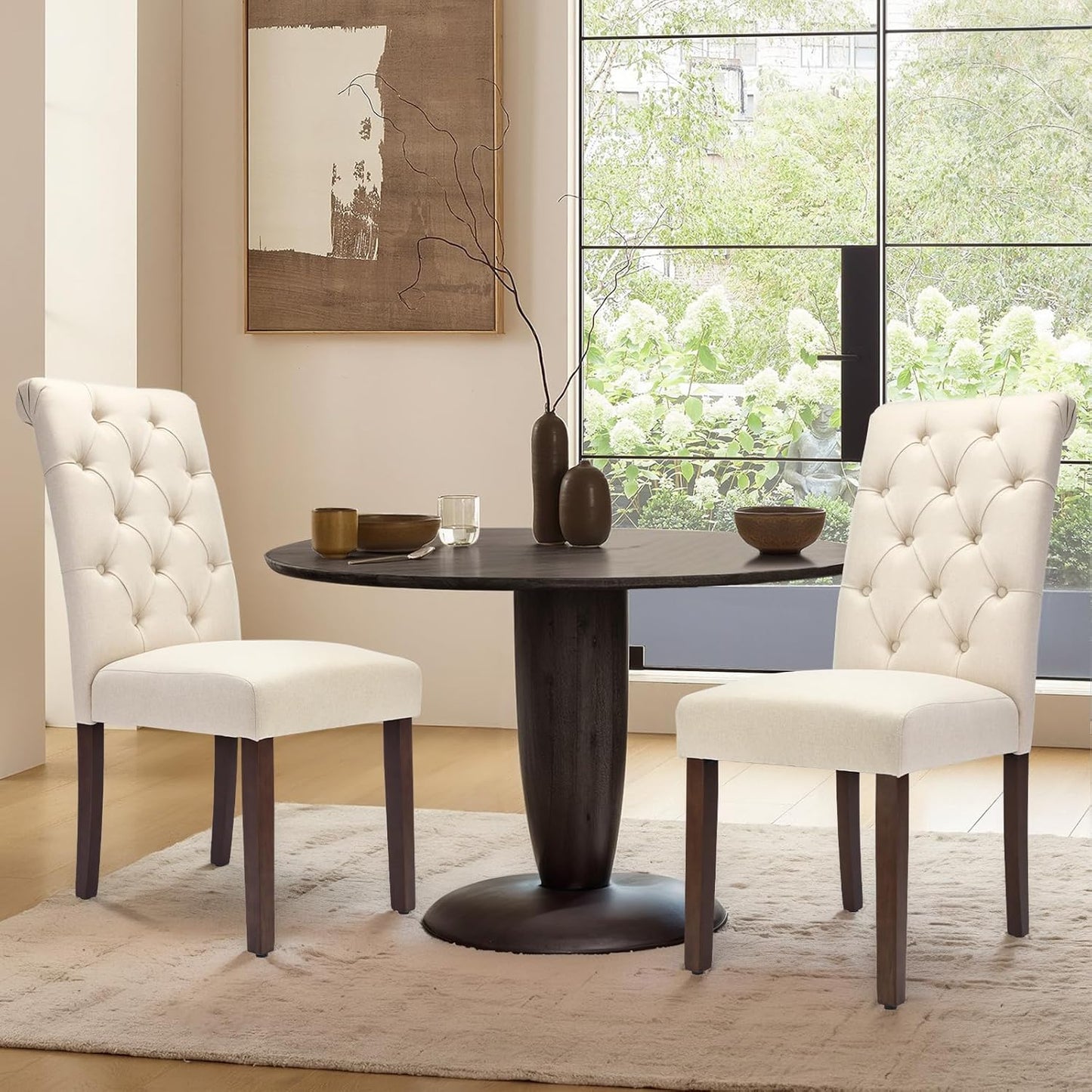 COLAMY Tufted Dining Chairs Set of 4, Accent Parsons Diner Chair Upholstered Fabric Stylish Kitchen Chairs with Solid Wood Legs and Padded Seat, Beige