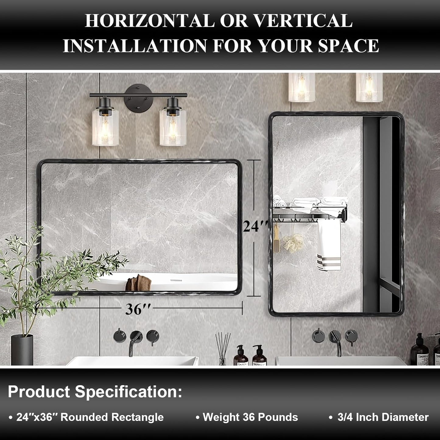 ANDY STAR Hand-Forged Black Bathroom Mirrors for Wall, 24x36 Inch Vintage Solid Steel Metal Frame Bathroom Vanity Mirror, Antique Rounded Rectangle Wall Mirror, Hangs Horizontally or Vertically