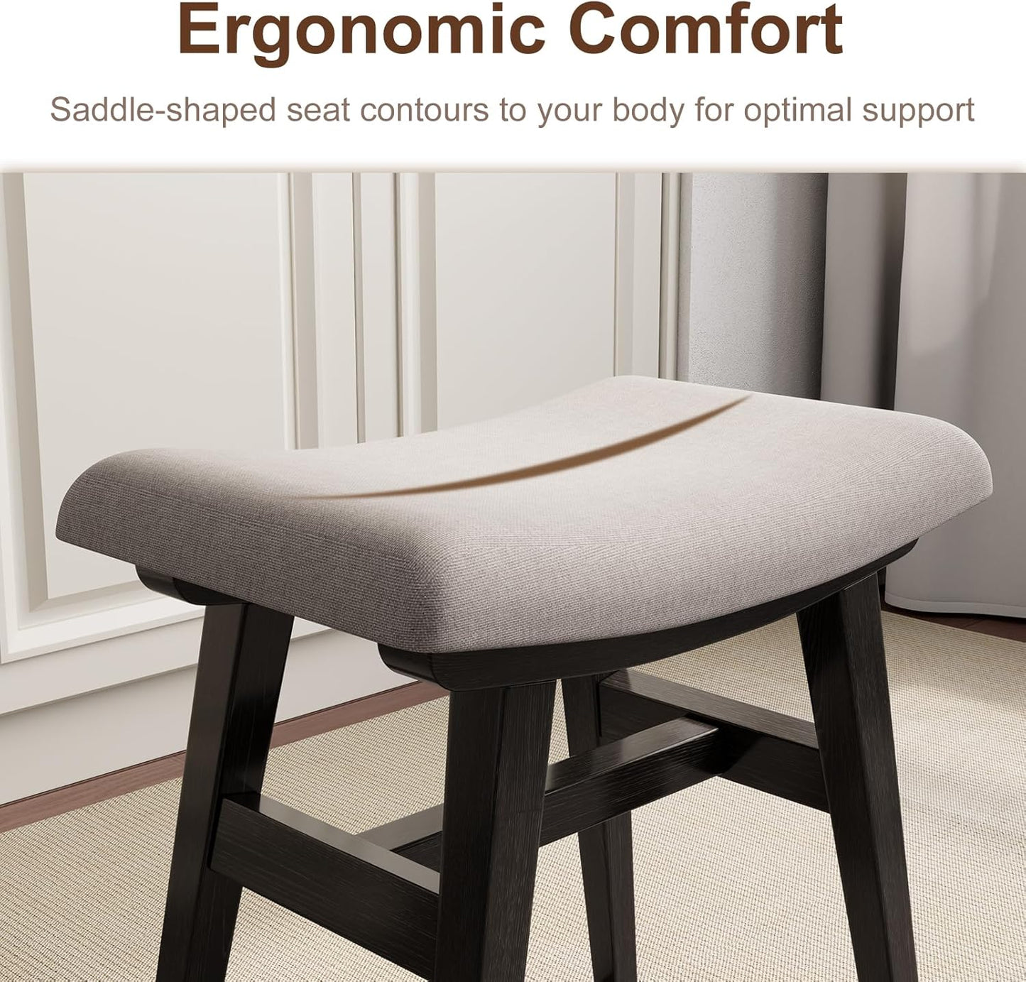 Solid Wood Small Vanity Stool, Compact Makeup Chair with Saddle Cushion, Linen-Covered High Rebound Sponge Seat, Easy Assembly Footstool for Bedroom, Entryway, Home, Black