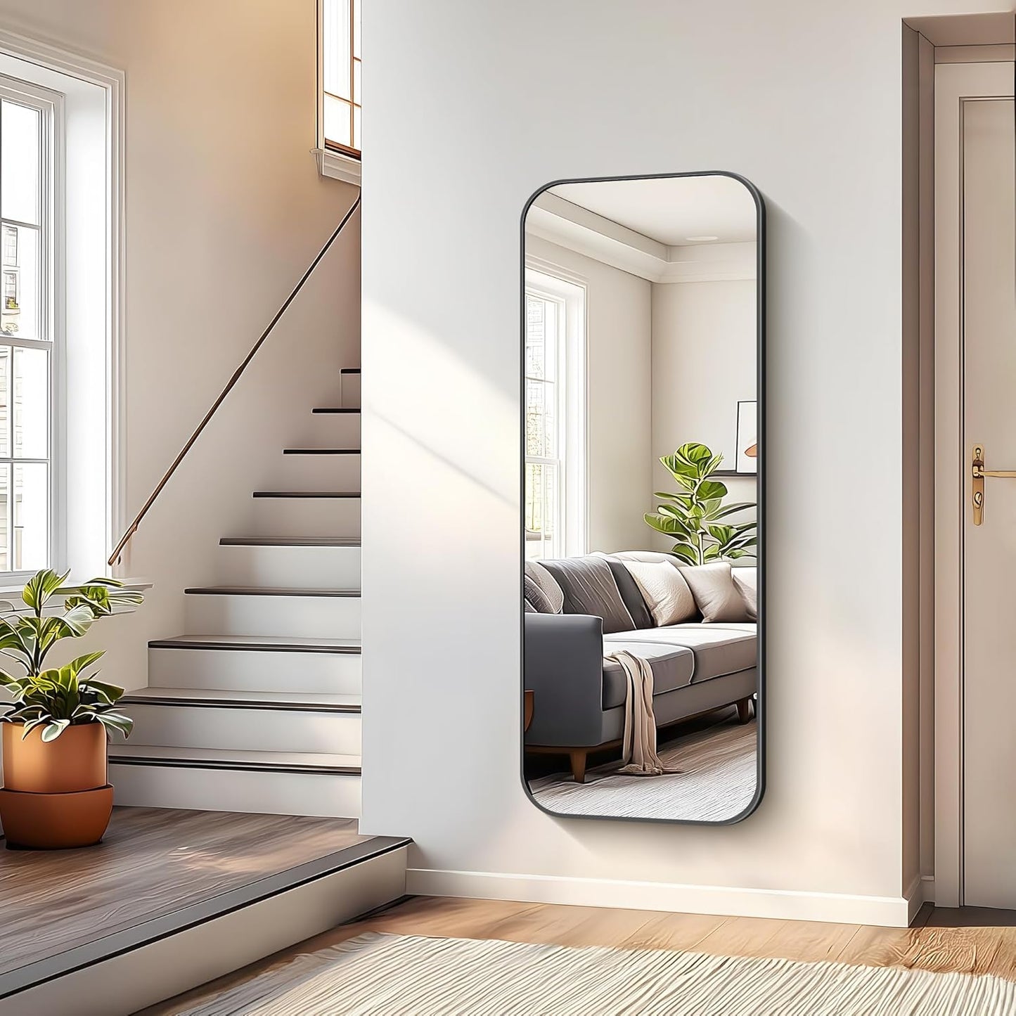 Bathroom Mirror, 60 x 24 inch Metal Framed Black Rectangle Mirror, Rounded Corner Rectangular Vanity Mirror, Large Wall Mounted Mirror for Modern Bedroom Living Room Horizontal or Vertical