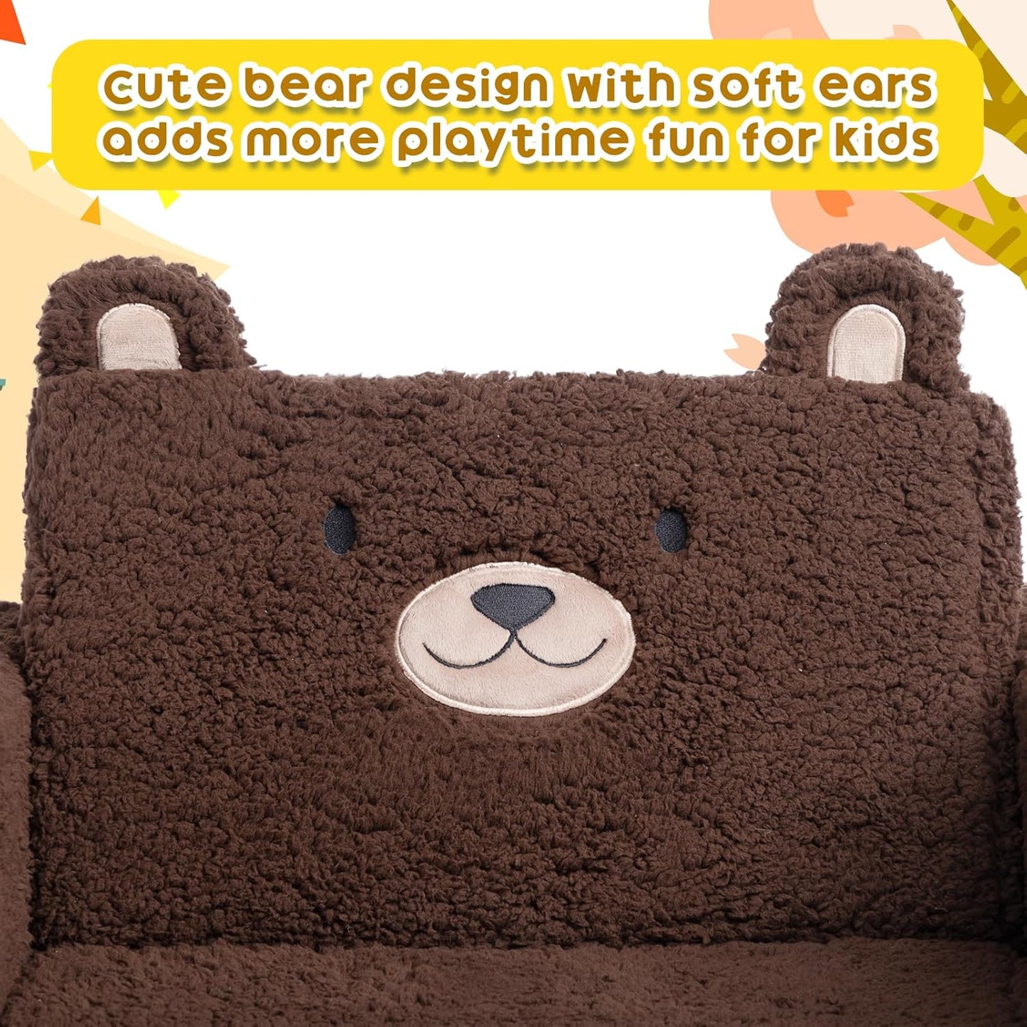 ALIMORDEN Fold Out Toddler Couch, Comfy 2-in-1 Cuddly Sherpa Bear Chair for Kids, Convertible Sofa to Lounger, Kids Cozy Corner Play Couch for Boys and Girls, Chocolate