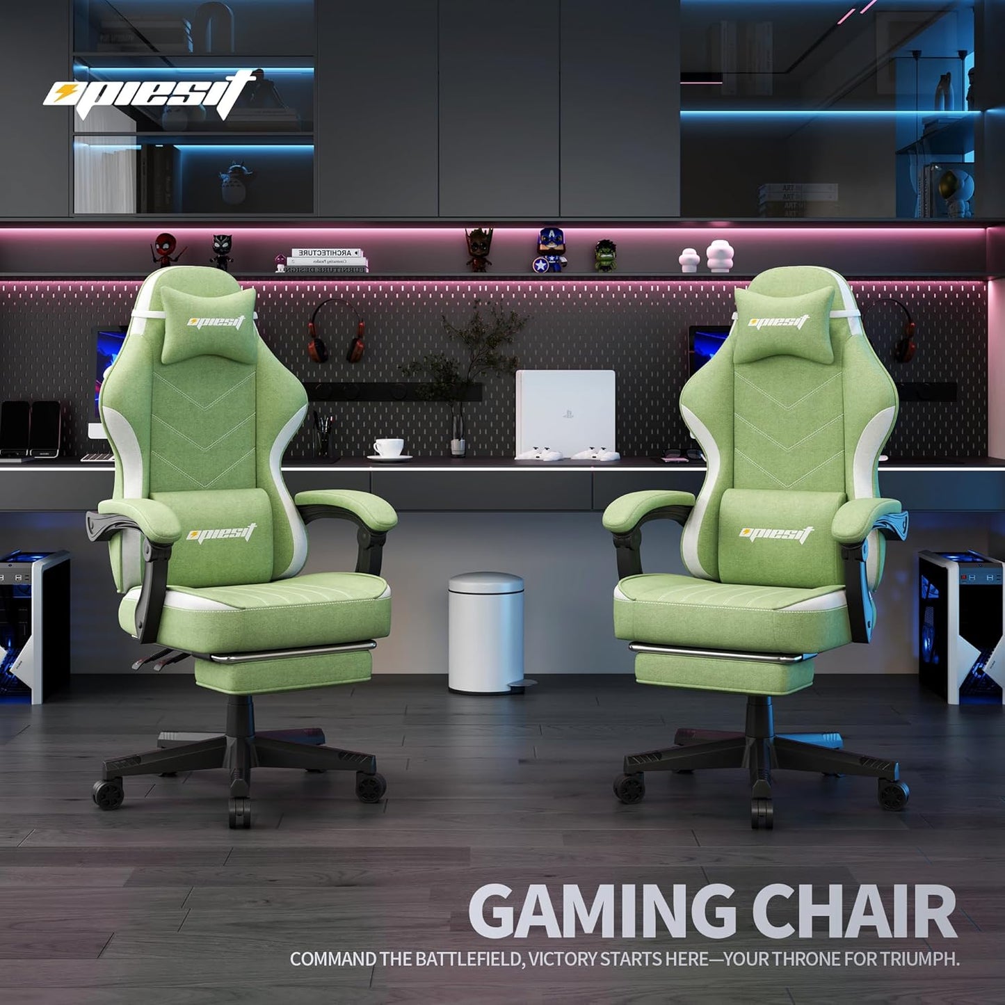 Gaming Chair,Fabric Computer Chair with Pocket Spring Cushion,400 lb Load Capacity,Ergonomic Office Chair with Footrest,Height Adjustable Video Gamer Chair with Lumbar Support (Green)