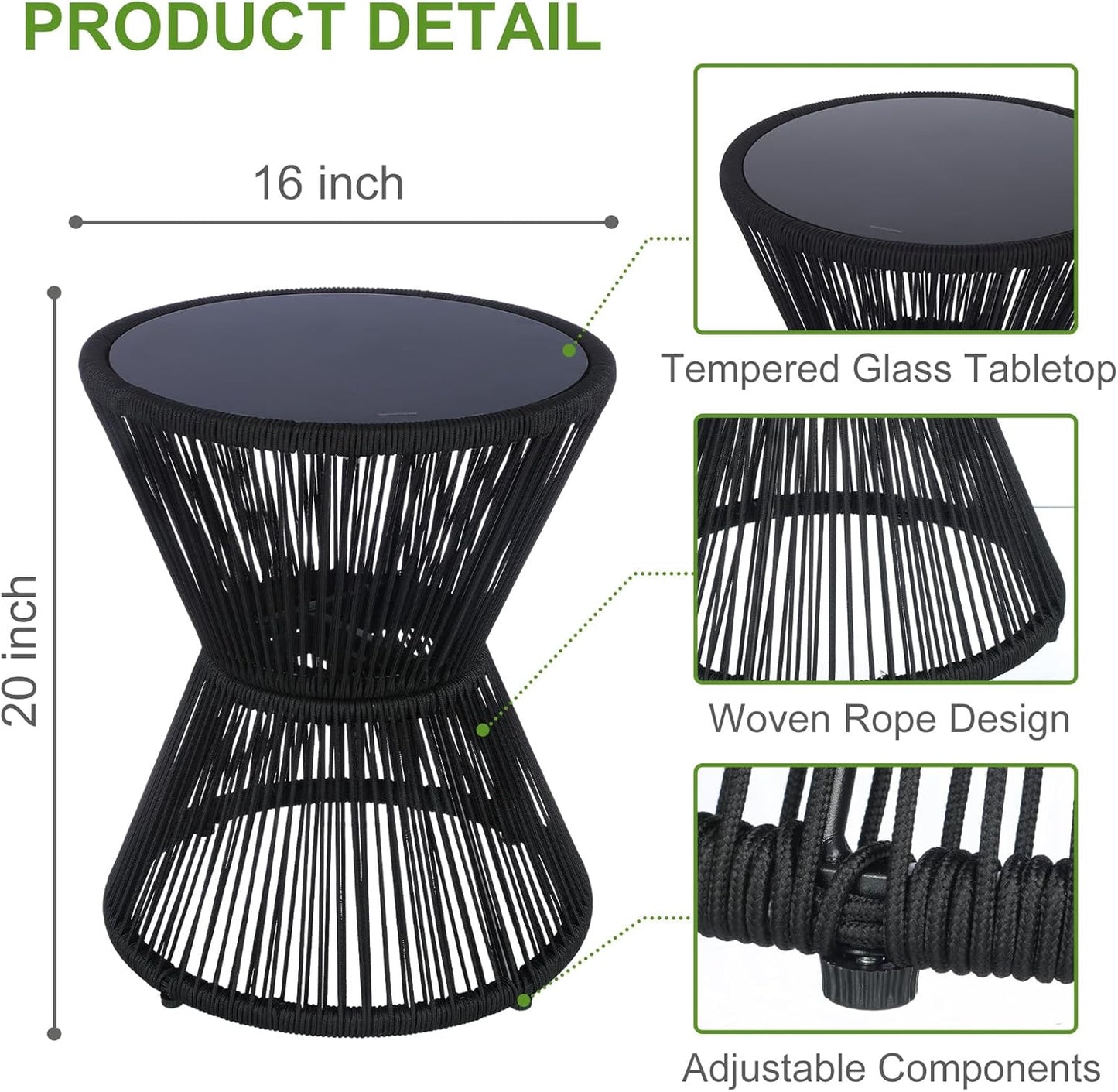 LEWIS&WAYNE Small Outdoor Side Table Patio 20’’ H Woven Rope Hourglass End Table with Glass Top Round Coffee Table for Living Room Outdoor Patio Backyard Poolside(Black)