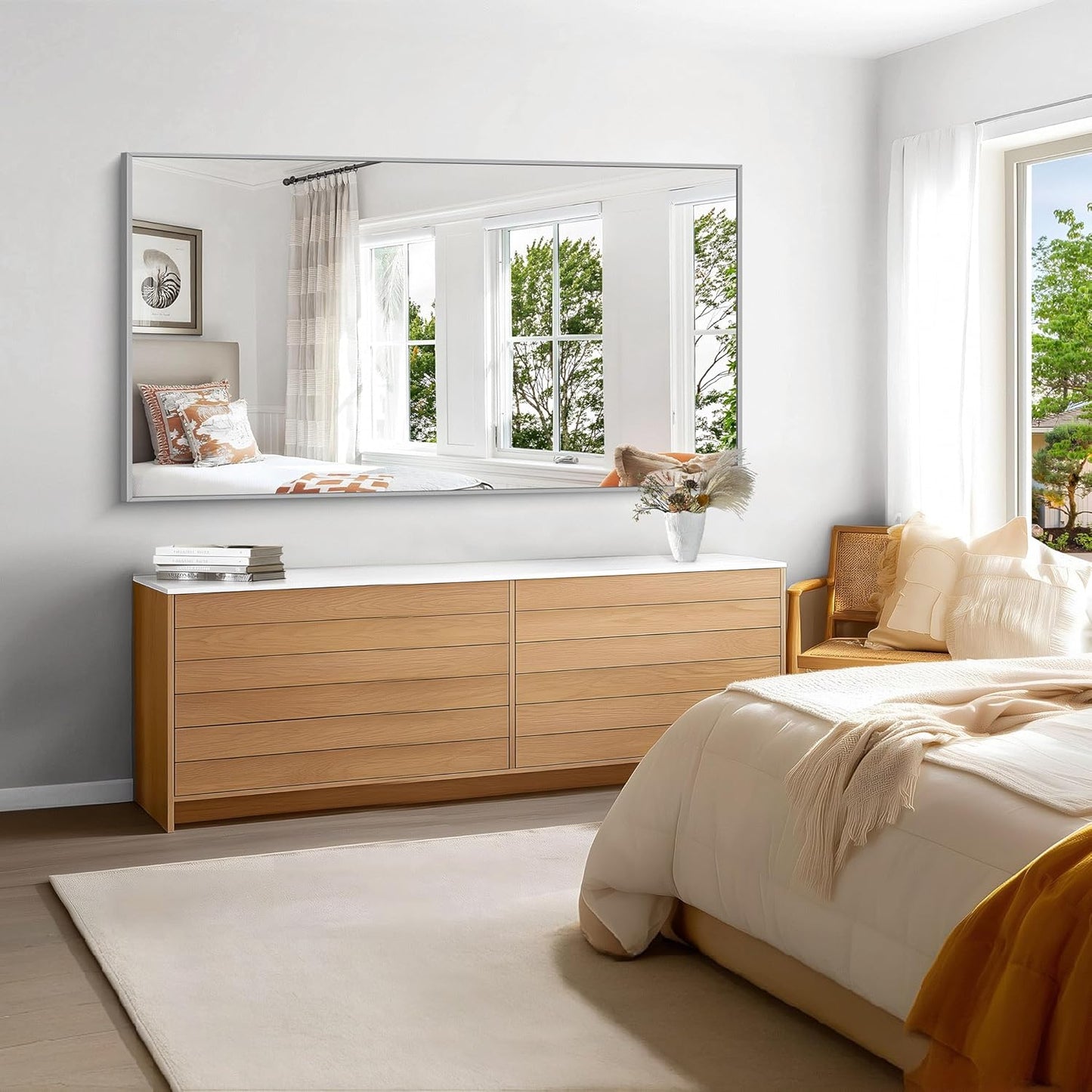 KOCUUY Large Silver Bathroom Mirror, 60x30 inch Rectangular Mirror for Bathroom Sink, Oversized Mirror with Metal Brushed Nickel Frame for Living Room, Farmhouse, Entryway, Hang Horizontal/Vertical