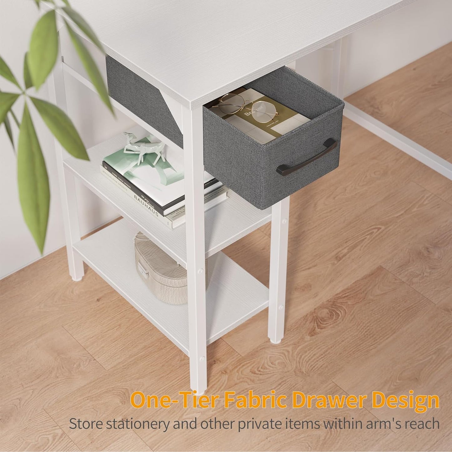 CubiCubi Computer Desk, 35 Inch Small Home Office Workstation with Drawer Storage Shelves for Small Space, Writing Study Desk, Warm White