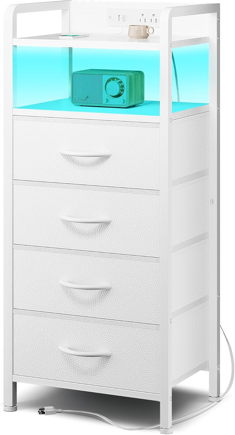 Night Stand Bedside Charger Bedroom - Nightstand with Charging Station, 2 U-S-B Ports & 2 AC Outlets, Tall Bed Side Table with LED Light Strip, Storage Shelf & 4 Fabric Drawers, White