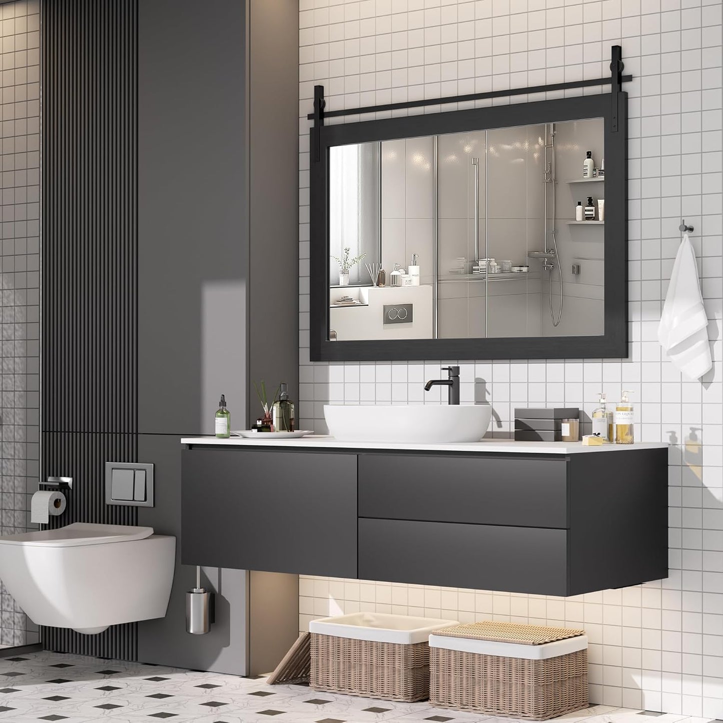 Hasipu Farmhouse Bathroom Mirror, 48"x32" Rustic Wood Framed Wall Mounted Mirror, Black Vintage Vanity Mirror Barn Door Style Decrative Mirrors