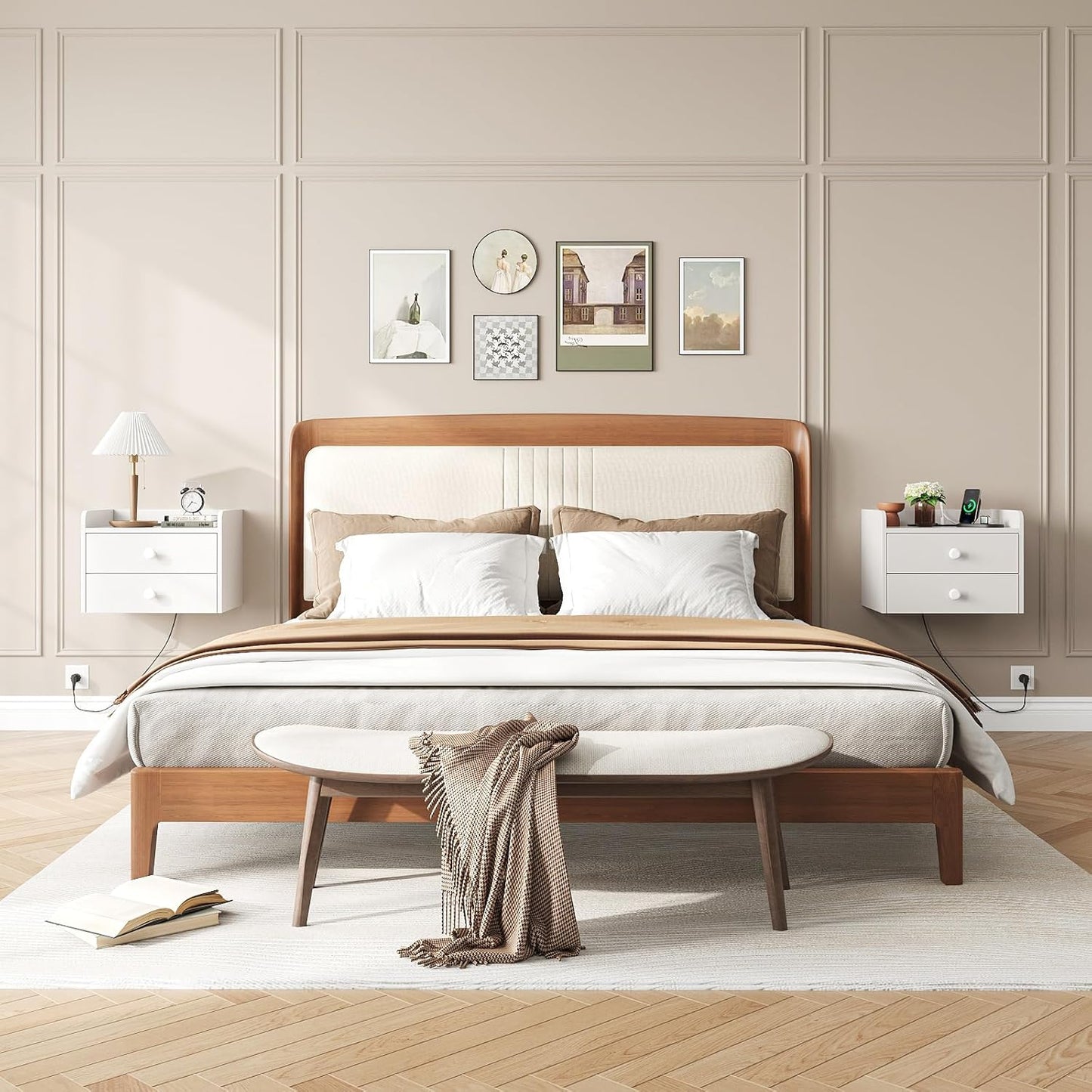 Floating Nightstand Set of 2 with 2 Storage Drawers and Charging Station Wood Wall Mounted Bedside End Table Modern Night Stands Set 2 for Bedroom,Small Space,White