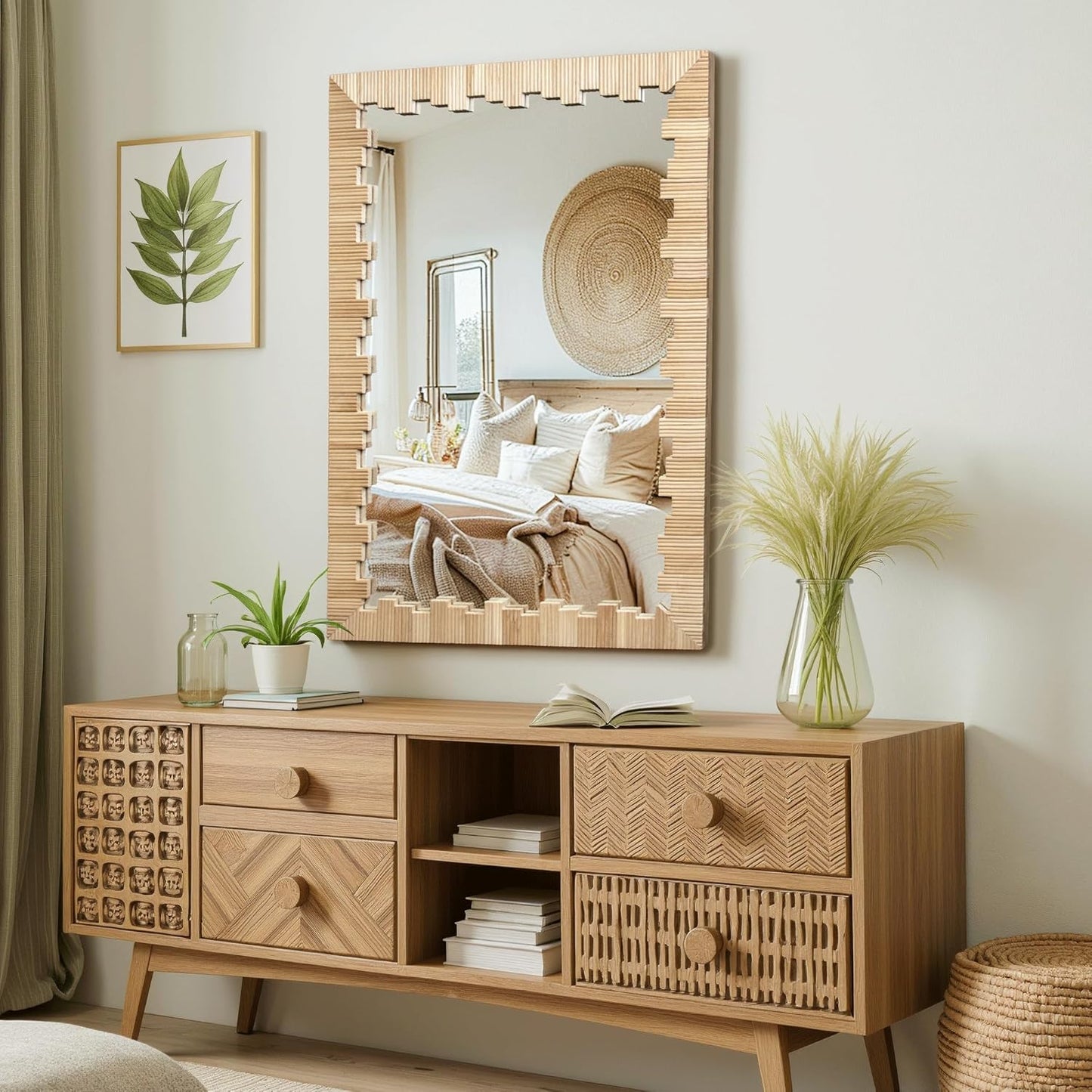 Boho Wall Mirror with Wood Frame, 30"x20" Faux Rattan Decorative Vanity Mirror for Bathroom, Living Room, Bedroom, Entryway(Rectangle)