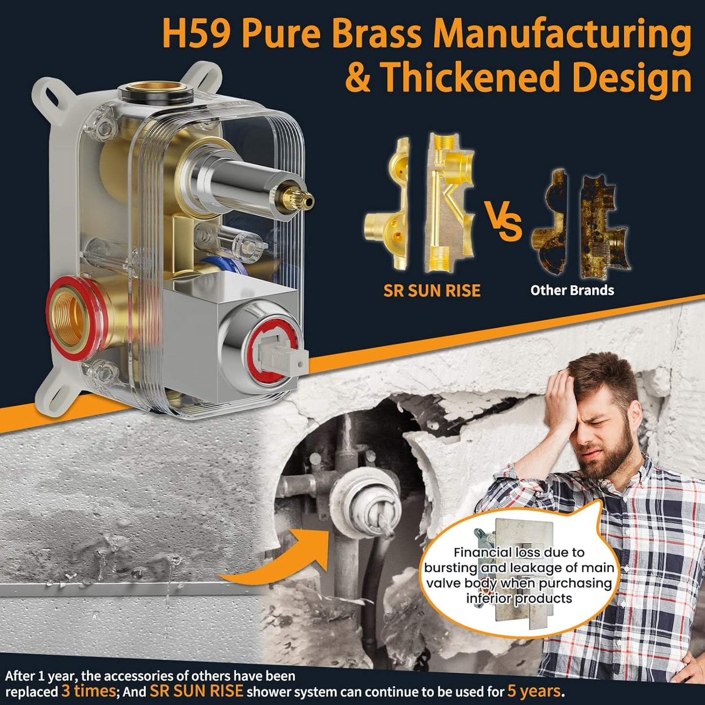 SR SUN RISE SRSH-F5043 Bathroom Luxury Rain Mixer Combo Set Wall Mounted Rainfall Shower Head System Polished Chrome, (Contain Faucet Rough-in Valve Body and Trim)