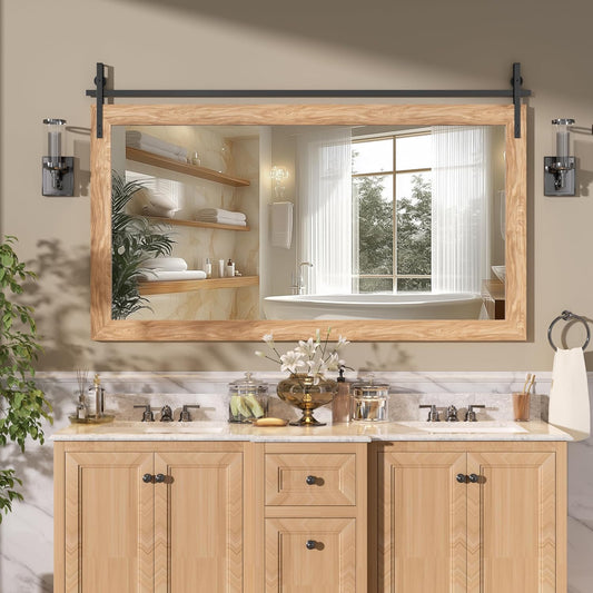 Hasipu Farmhouse Bathroom Mirror, 60"x30" Rustic Wood Framed Wall Mounted Mirror, Brown Vintage Vanity Mirror Barn Door Style Decrative Mirrors