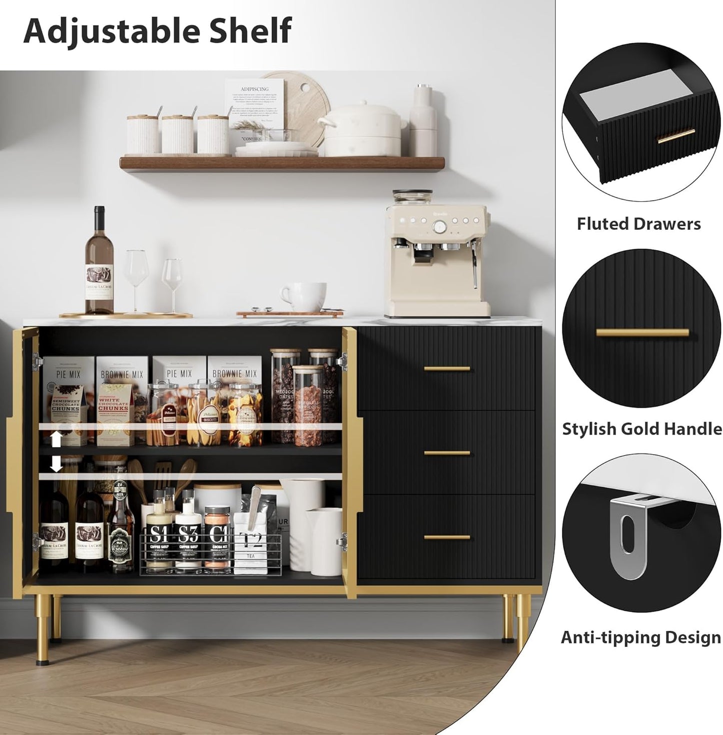 Buffet Sideboard Cabinet with Storage, 46.4" Large Fluted Kitchen Sideboard Cabinet with 2 Glass Doors 3 Drawers and Shelves, Faux Marble Top Buffet Table for Dining Room, Living Room, Black