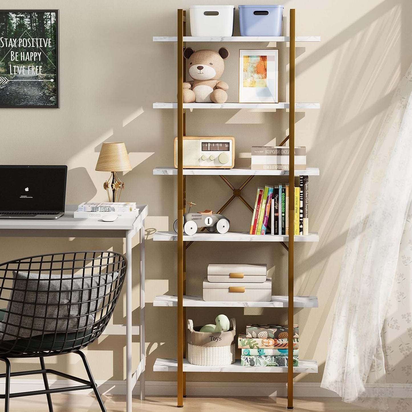 6 Tiers Bookshelf Organizer White Faux Marble Shelf,Modern Open Display Storage Bookcase, and Metal Bookshelf Standing Storage Shelf Tall Shelving Units for Home Office Study