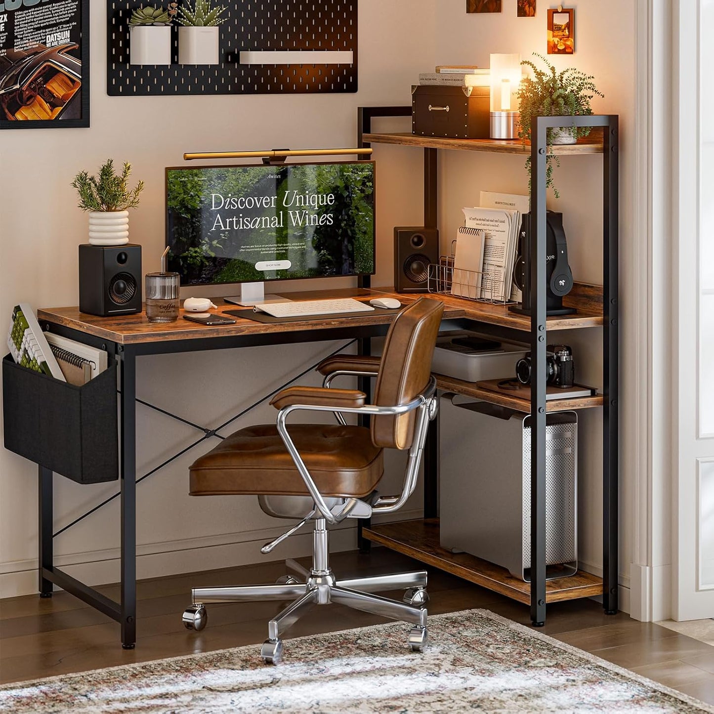 40 Inch L Shaped Computer Desk with Reversible Storage Shelves, Home Office Corner Desk Study Writing Table with Hutch, Study, Rustic Brown