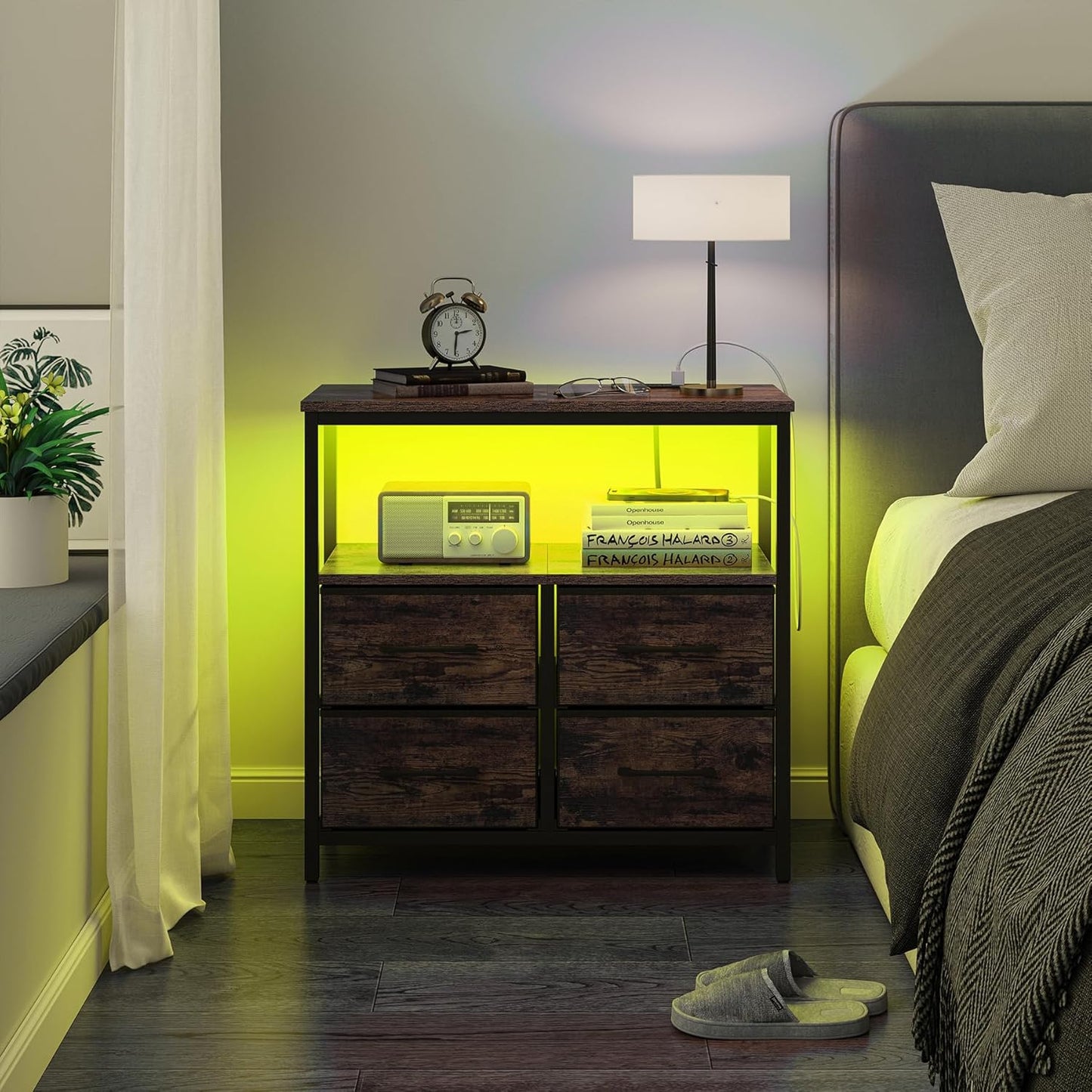 TUTOTAK LED Night Stand with Charging Station, Large Nightstand with USB and Type-C Port, Bedside Table with Cloth Drawers, End Table for Livingroom, Bedroom, Brown TB01BB081L