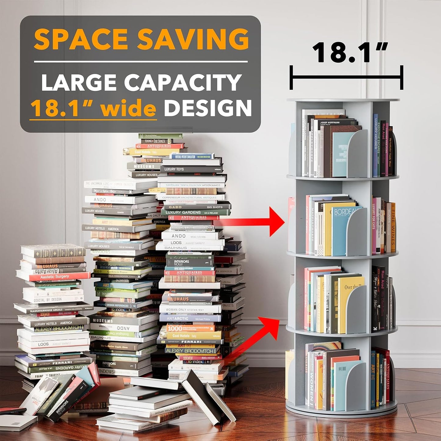 SpaceAid 4 Tier Rotating Bookshelf Tower, Spinning Bookcase Lazy Susan, Revolving 360 Book Shelf Storage Round Carousel, Vertical Rotate Turning Spiral Corner Organizer, Gray