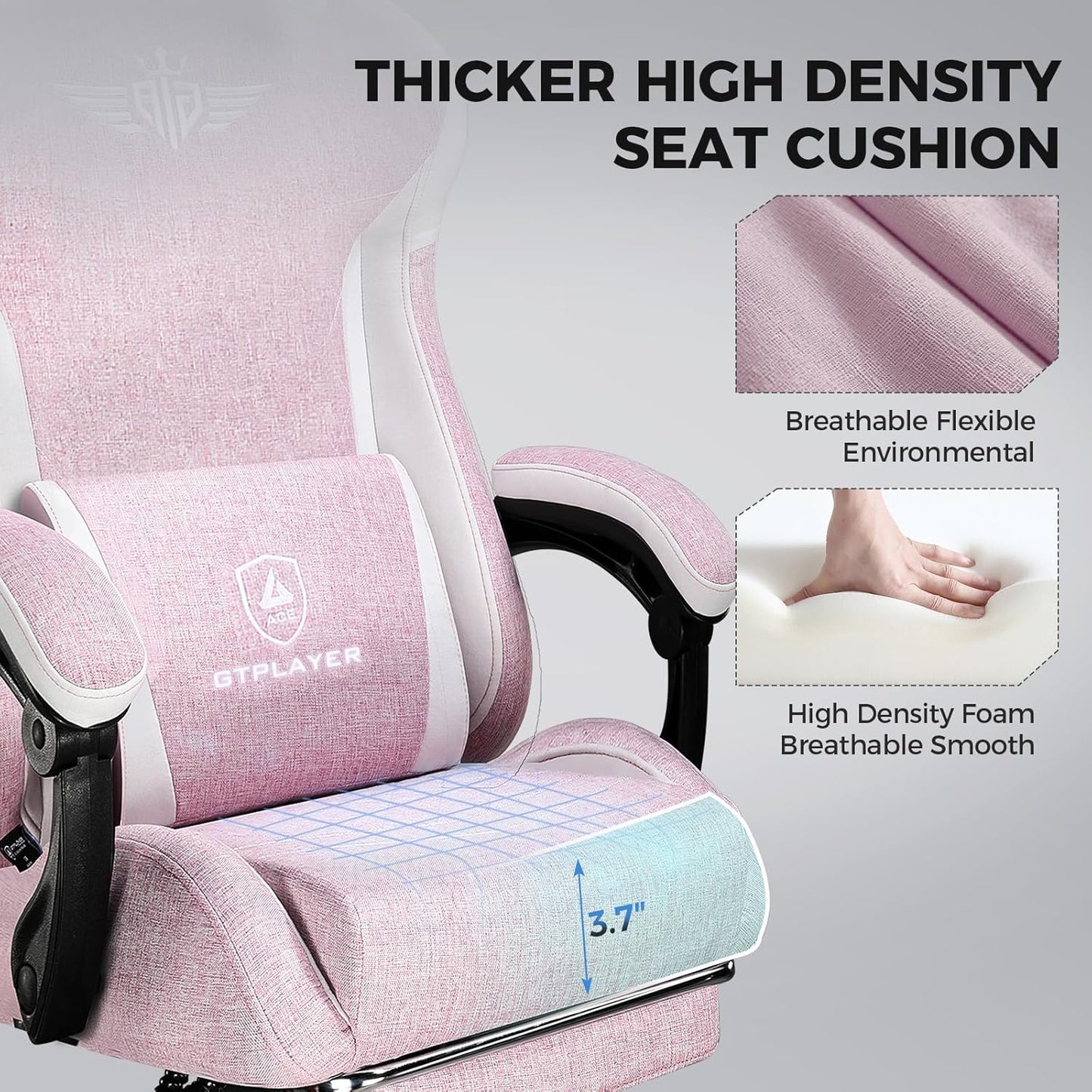 GTPLAYER Gaming Chair with Footrest, Big and Tall Game Chair High Back Computer Office Chair with Lumbar Support for Adults, Ergonomic Swivel Games Chair with Cushion Gaming Black Linen Fabric Pink