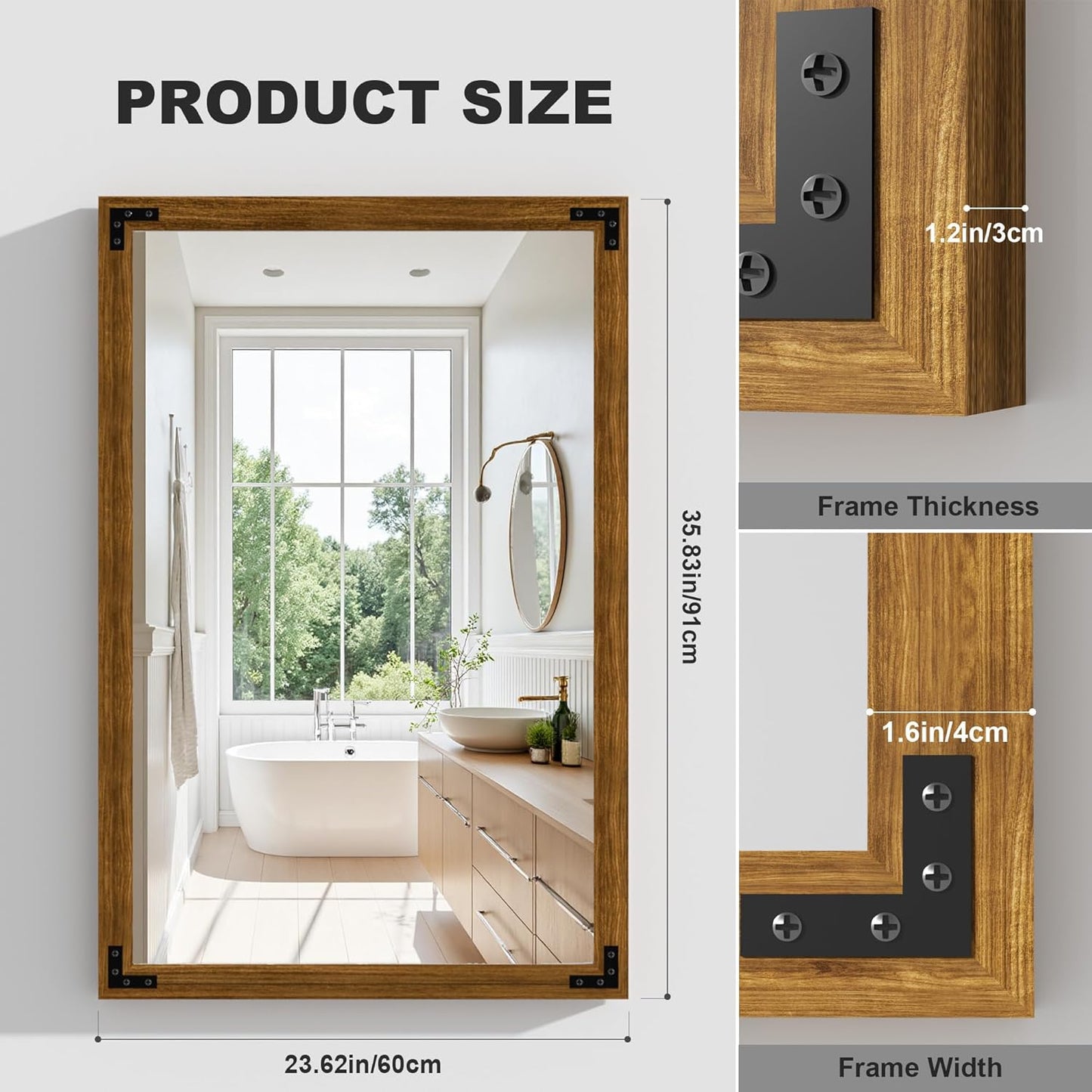 Hasipu Farmhouse Bathroom Mirror, 24"x36" Rustic Wood Framed Wall Mounted Mirror, Walnut Vintage Vanity Mirror Modern Farmhouse Style Decrative Mirrors