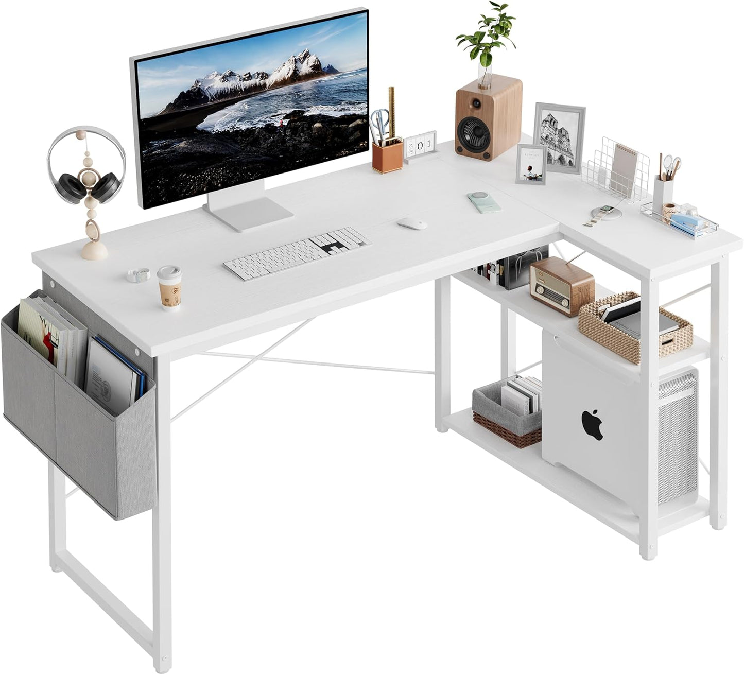 L Shaped Computer Desk with Reversible Shelves, 47 Inch Small Corner Desk with Storage Bag, Gaming Desk Computer Table Study Writing Desk for Home Office Small Space, White