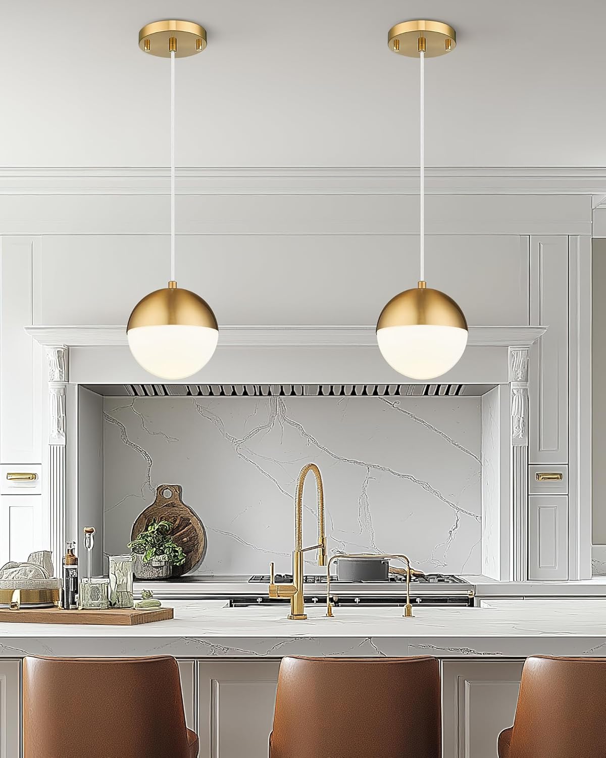 LMS Mid Century Pendant Lights, Brushed Gold Kitchen Island Light Fixtures with White Globe Glass Shade, Adjustable Hanging Cord, 2-Pack for Home Office Dining Room Bathroom, LMS-186PL-BGWS2PK