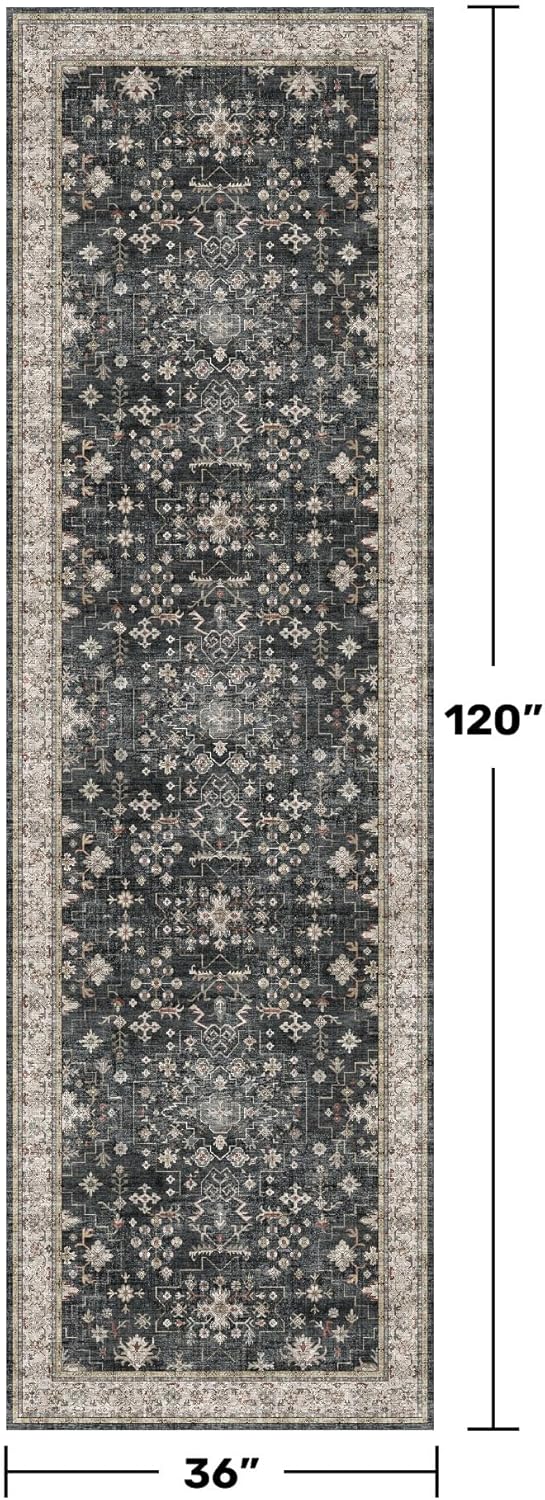 Black Boho Washable 3x10 Extra Long Hallway Runner Rug, Waterproof Large Kitchen Floor Rug Indoor, Non-Slip Stain & Fade Resistant, Vintage Floral Decor