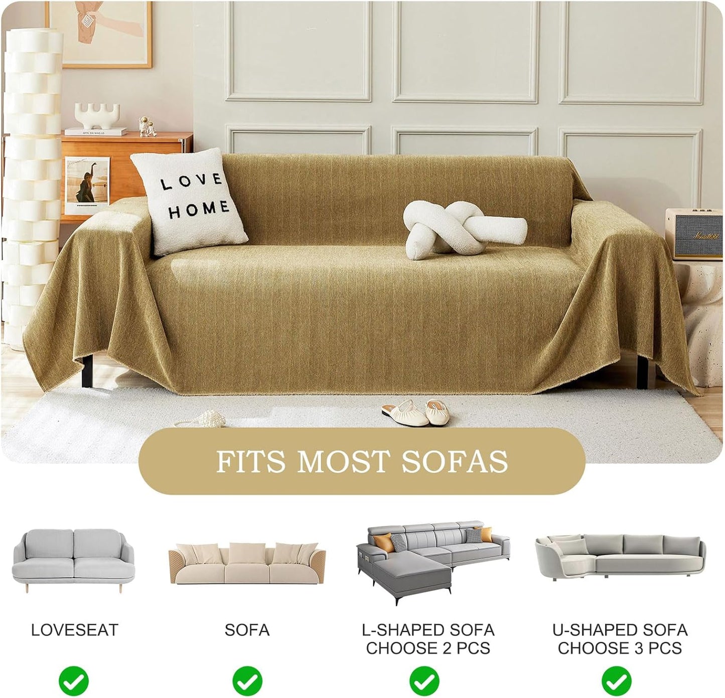 STACYPIK Wear-Resistant Chenille Yellow Sofa Cover, Couch Cover for Dogs, Washable Pets Protector for 3 Cushion Couch, Sofa Covers for Loveseat, Non-Slip Sectional Cover, Throw Blanket-71X134IN