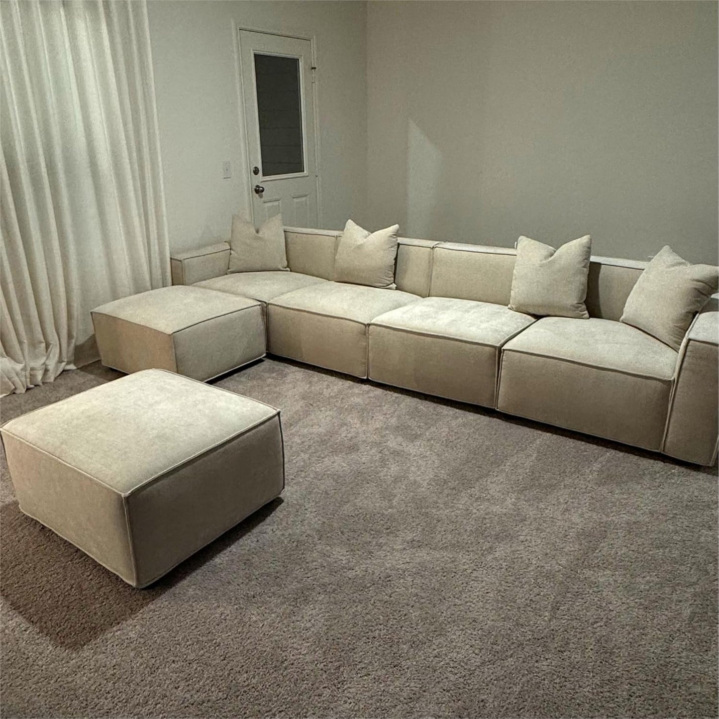 Acanva Luxury Modular Sectional Living Room Sofa Set, Modern Minimalist Style Couch with Ottoman and Chaise, U-Shape, Linen-Like Cream