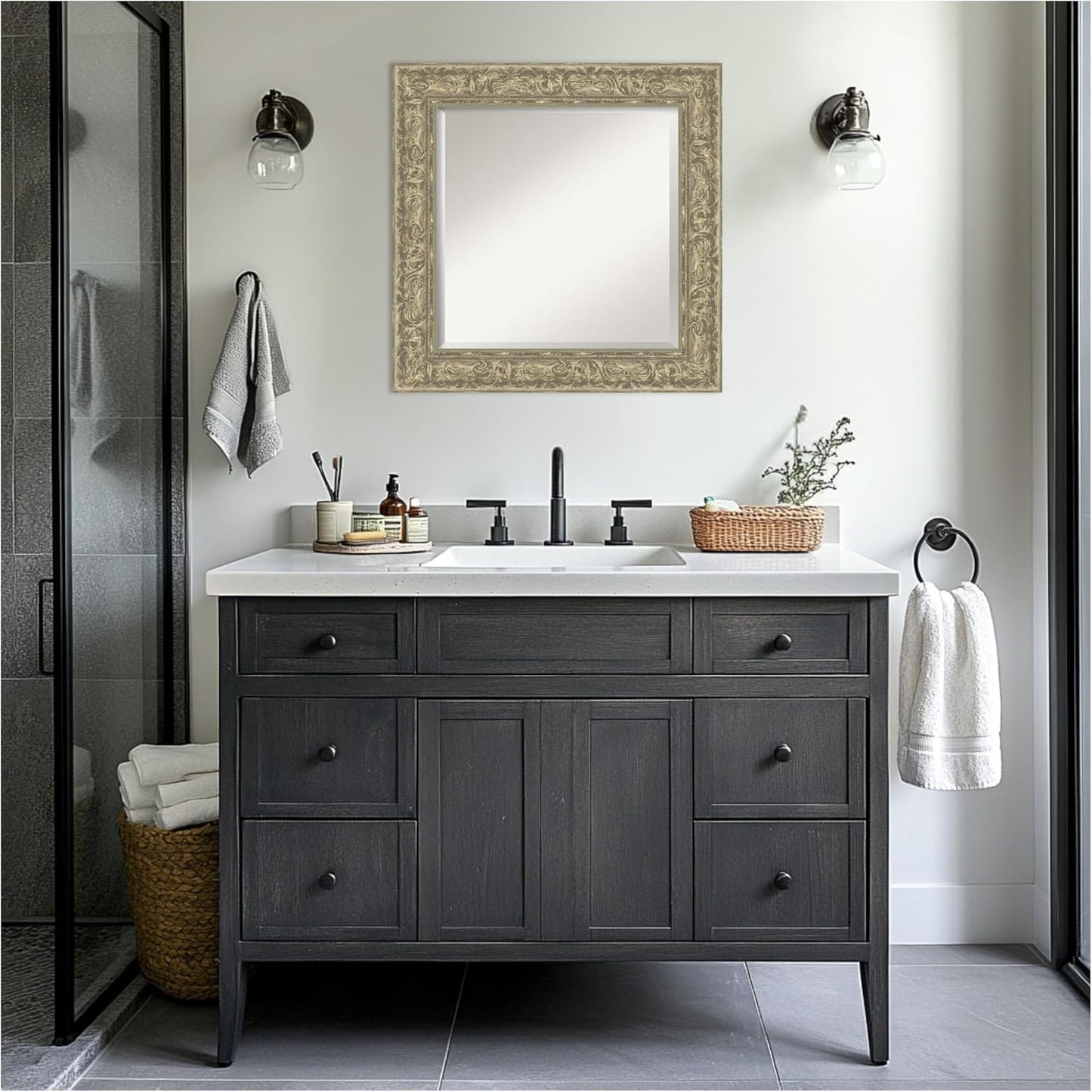 Amanti Art Silver Bathroom Mirror for Over Sink, 27x27 Luxe Antique Silver Square Vanity Mirror, Medium Traditional Frame, Hangs Horizonally and Vertically, Bathroom Wall Decor, Beveled Edge