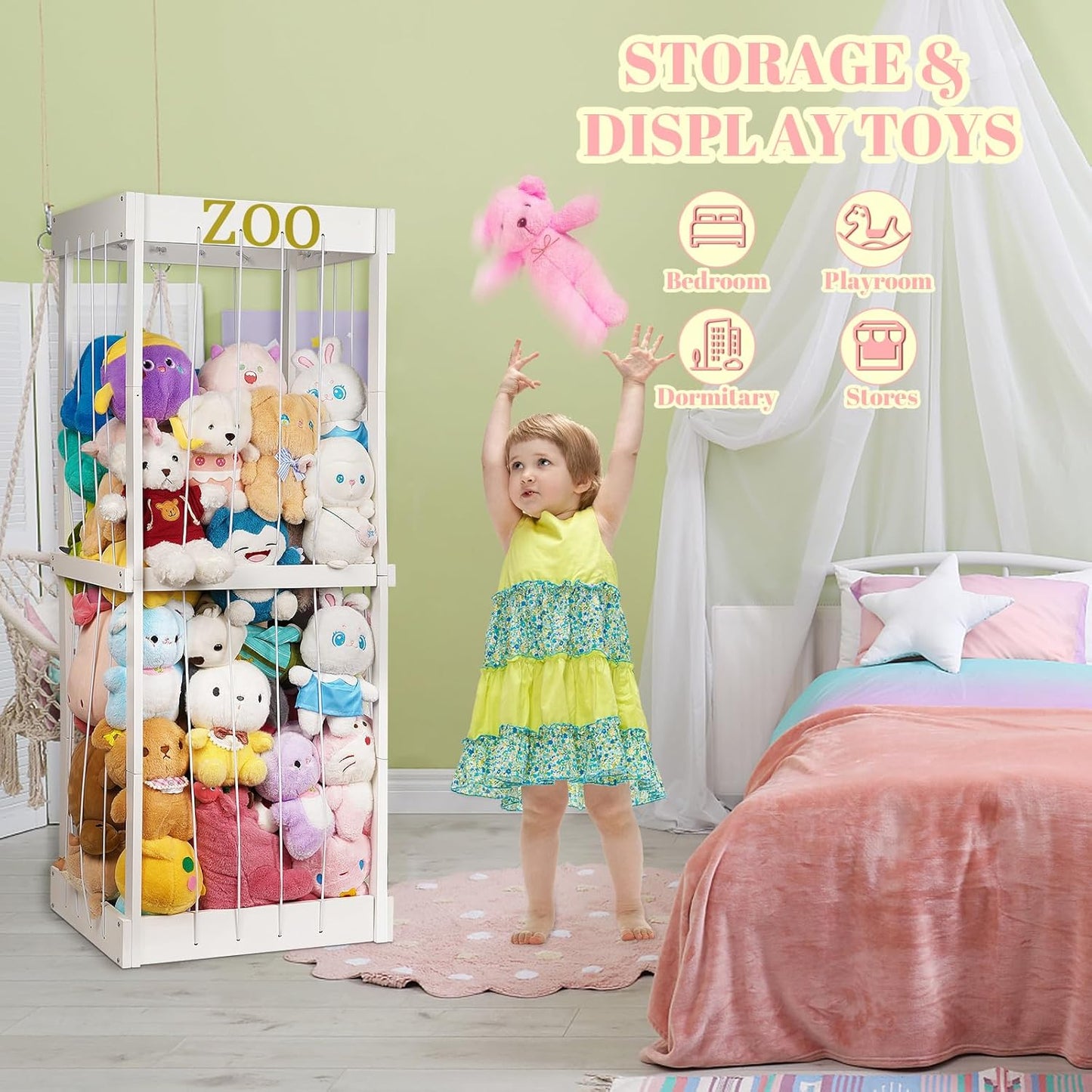 Trycooling Stuffed Animal Zoo Stuffed Animal Storage Wood Plushie Storage Stuffed Animals Zoo Storage Cage with Zoo Pattern Elastic Band for Nursery Play Room Bedroom (White)