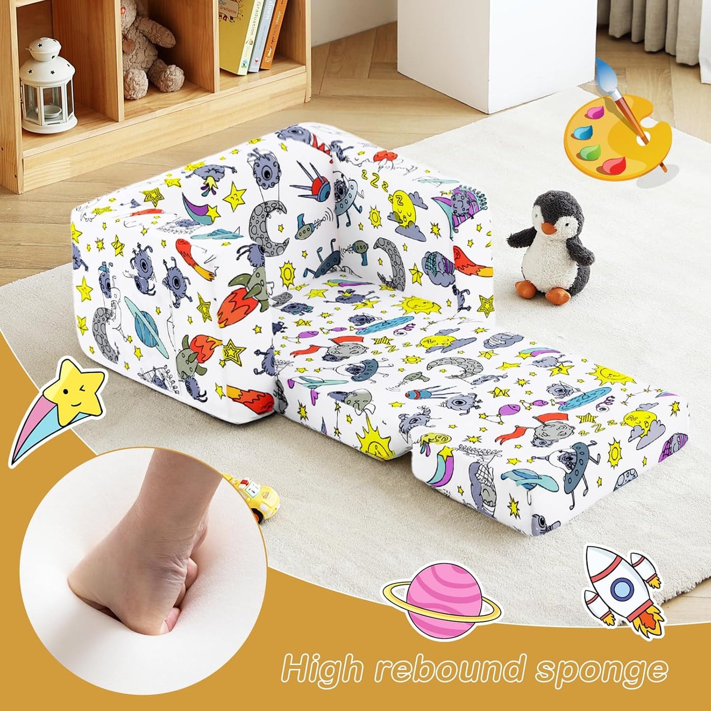 Tiita Kids Sofa Couch, Convertible Children Couch to Lounger, Toddler Comfy Sofa with Cute Graffiti Pattern Design for Girls and Boys, Graffiti