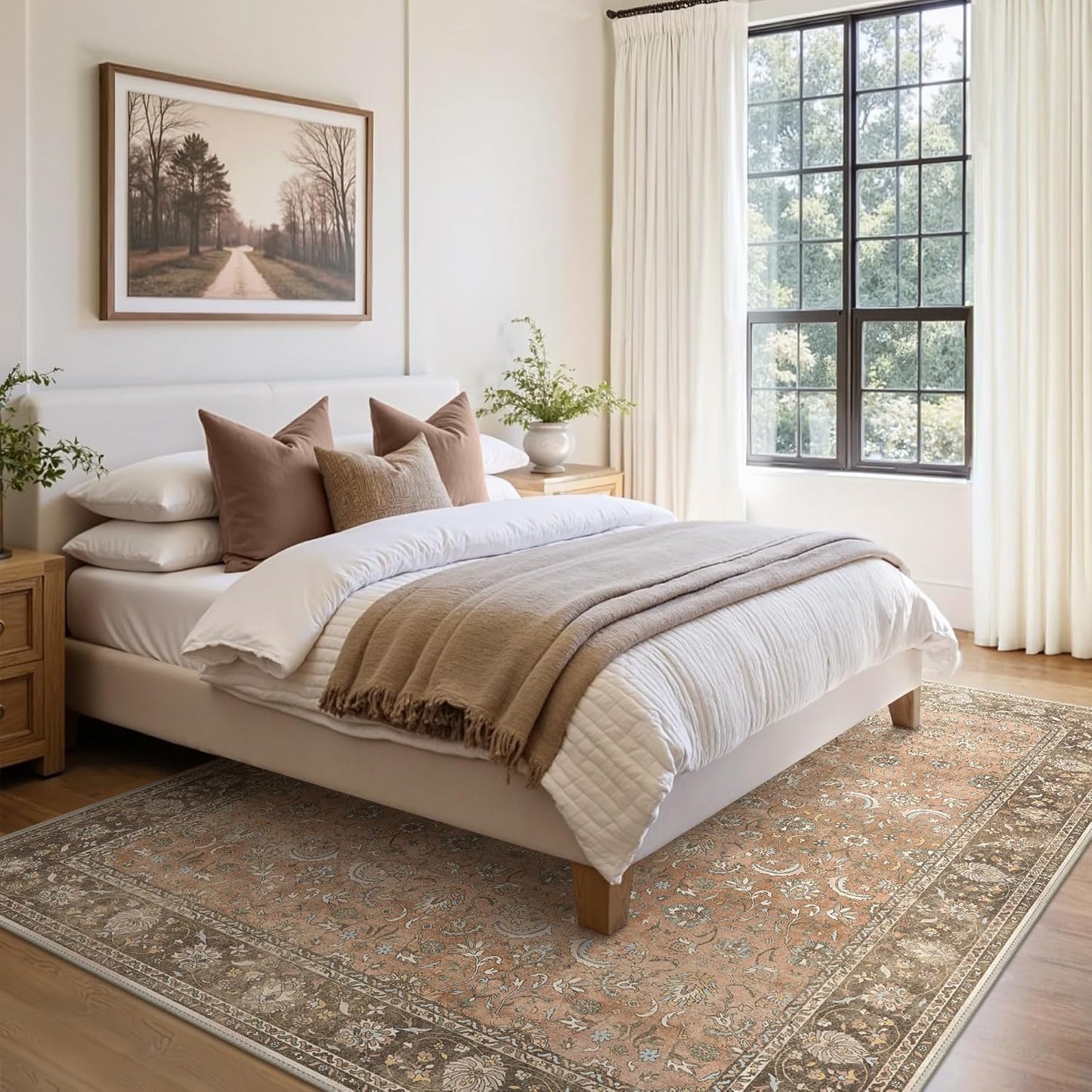 8X10 Area Rugs Machine Washable Rugs for Living Room, Vintage Boho Large Rugs for Bedroom Dining Room, Non Slip Indoor Soft Distressed Lightweight Thin Low Pile Carpet, Chestnut