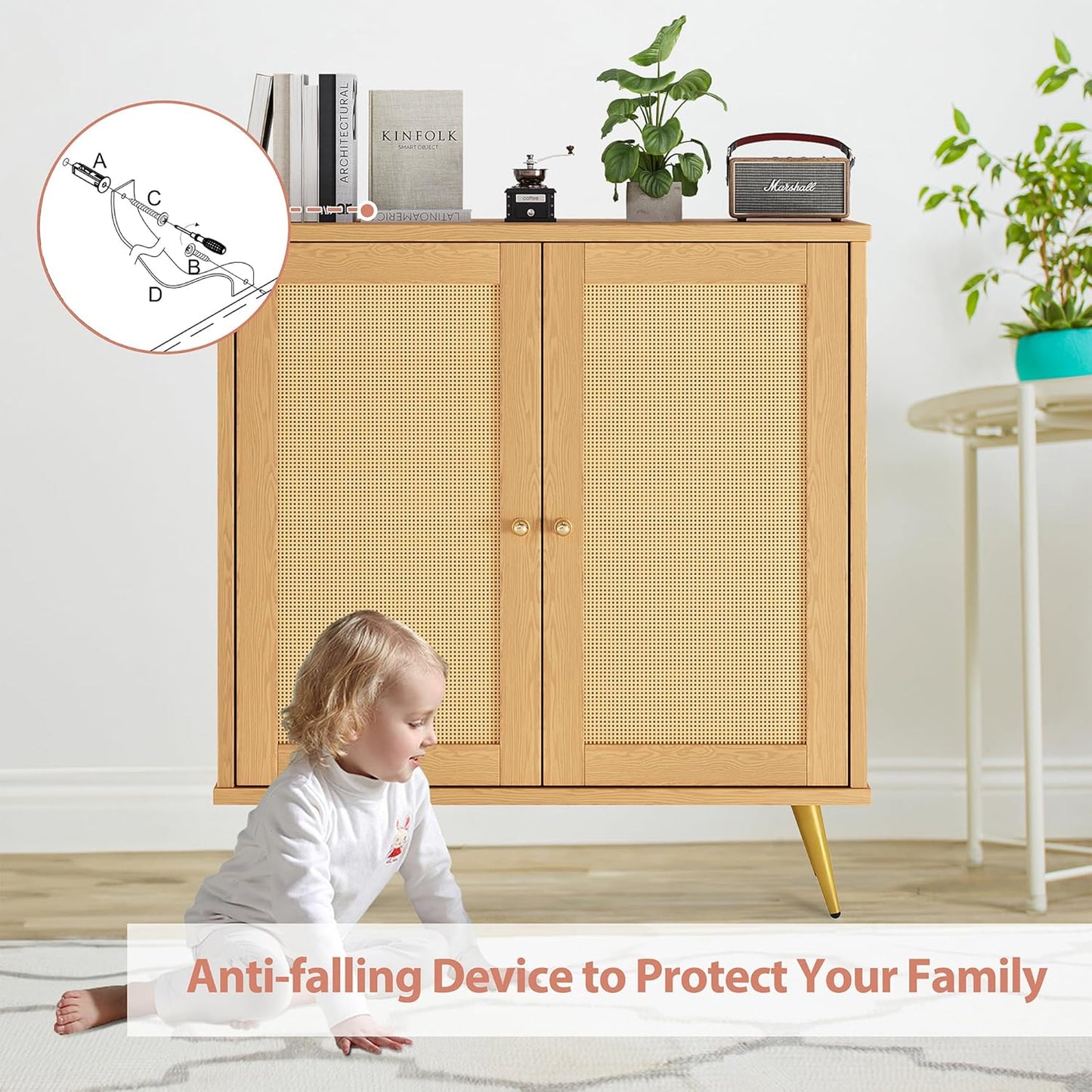 Shintenchi Rattan Buffet Cabinet with Storage, Sideboard Buffet Cabinet with Rattan Decor Doors, Modern Wood Cupboard for Kitchen Living Room Dining Room Hallway Entry, Natural