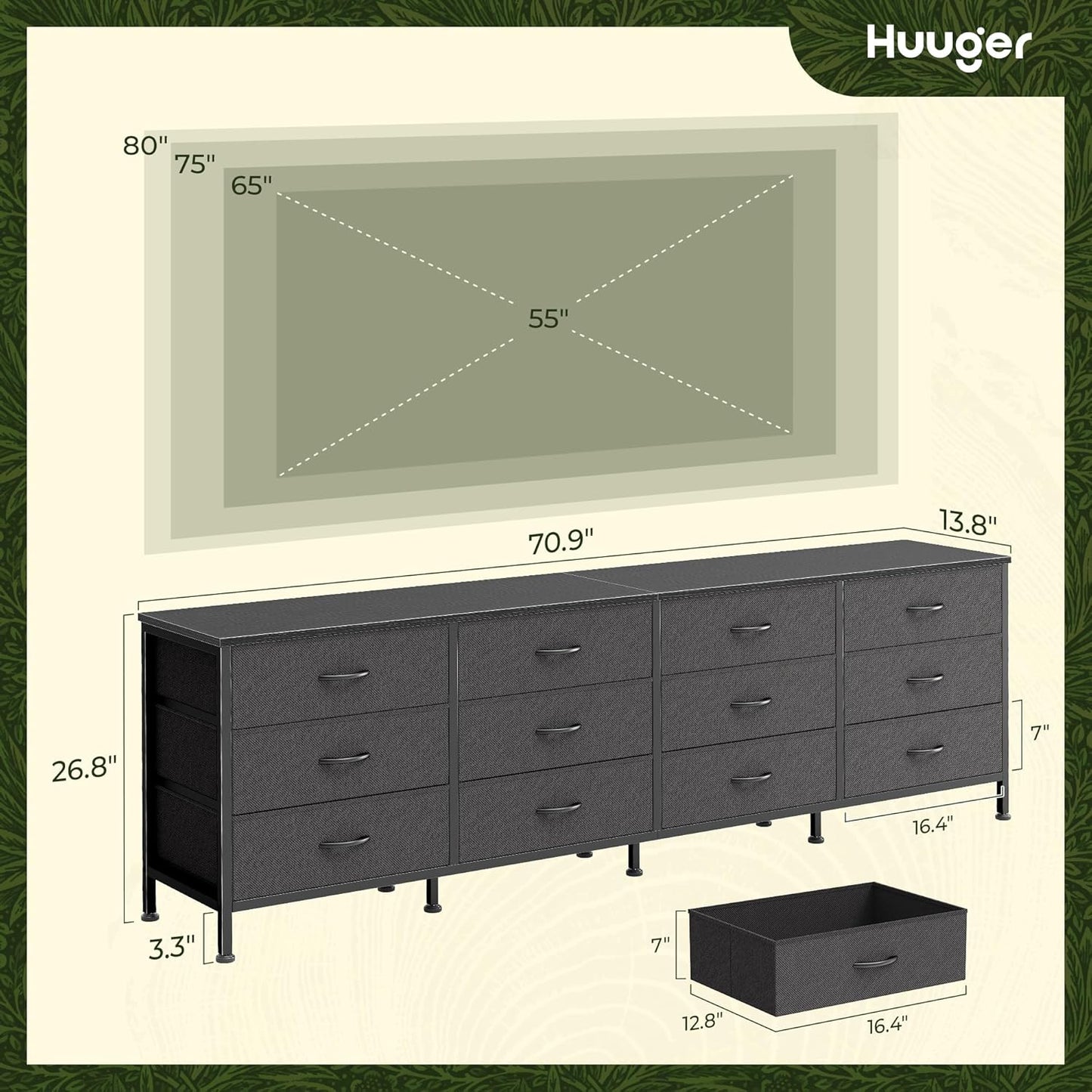 Huuger 70 Inch Black Dresser for Bedroom, TV Stand for 65, 75, 80 Inch TV, 12 Fabric Drawer Long Dresser, Wide Chest of Drawer, Storage Units for Living Room