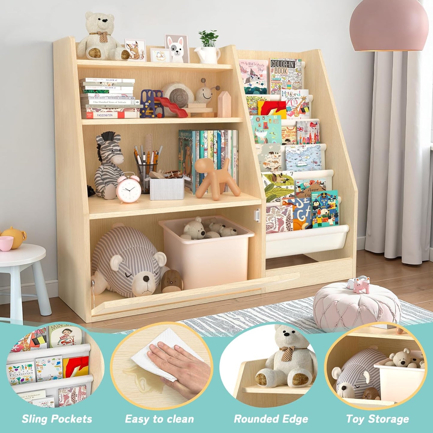 TOETOL 3 Tier Kids Bookshelf and Book Storage，6 Sling Toddler Bookshelf, Storage Boxes Book Shelf & Organizer for Nursery Playroom Classroom Library Bedroom Natural Wood