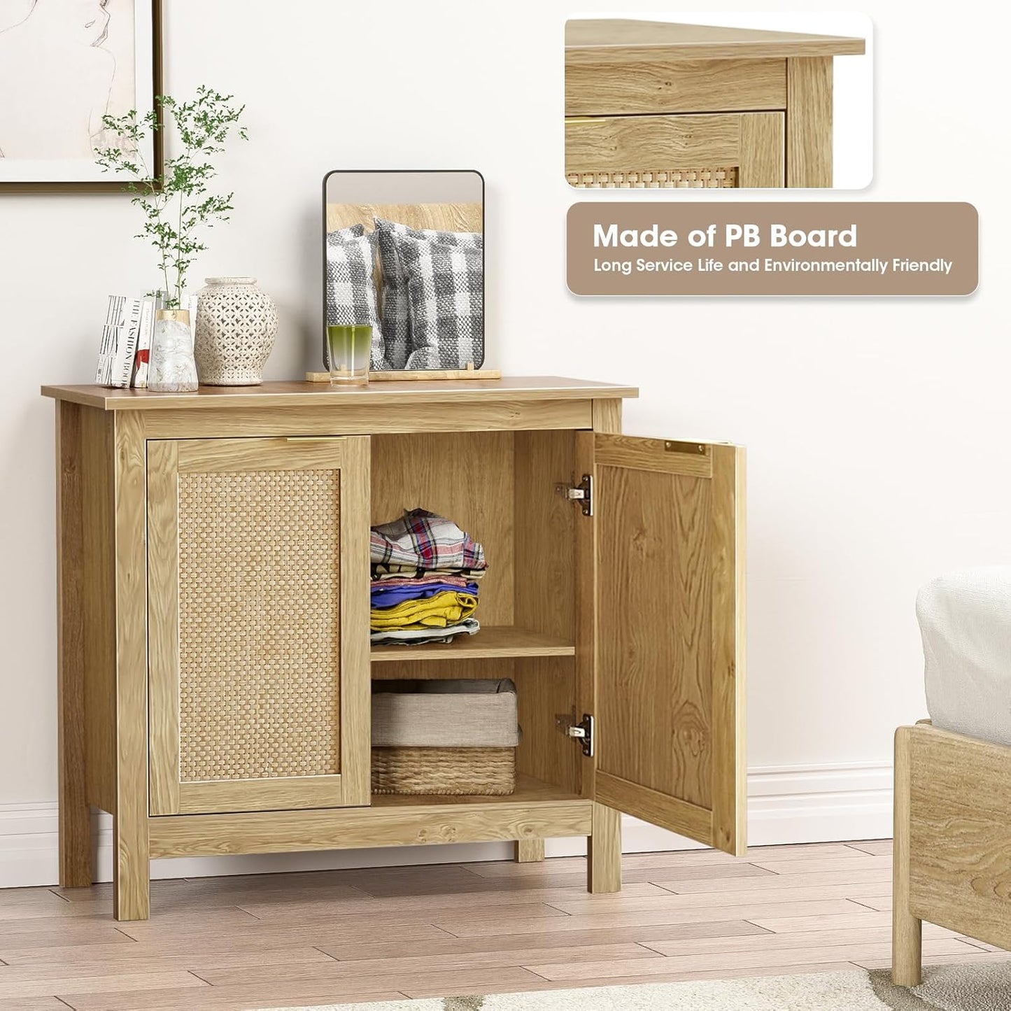 Giluta Sideboard Buffet Cabinet, Farmhouse Kitchen Cabinets with 2 Rattan Doors, 30''H Boho Cabinet for Entryway