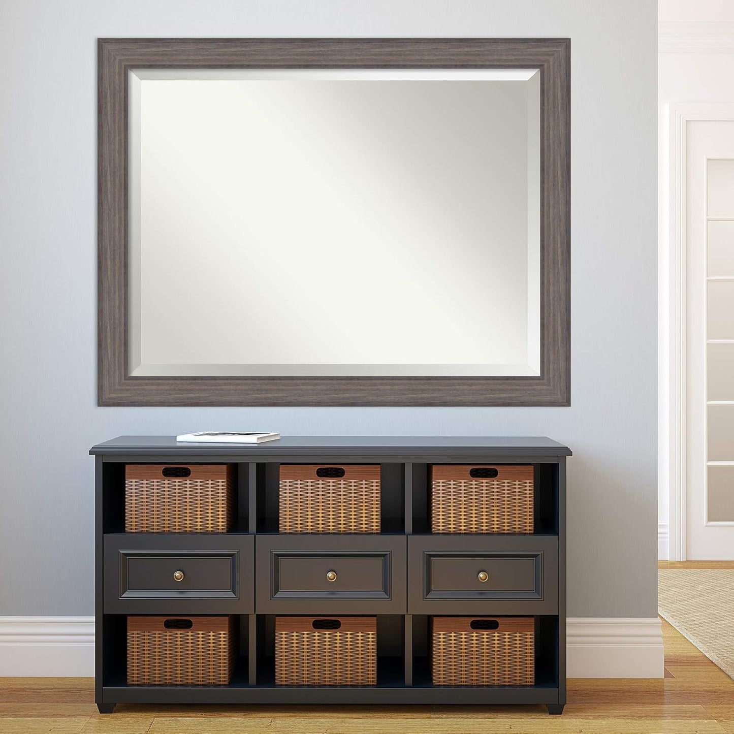 Amanti Art Grey Wall Mirror 35x45 Country Barnwood Rectangle Bathroom Mirror for Wall Decor Living Room, X-Large Rustic Farmhouse Wood Frame, Hangs Horizonally and Vertically, Bathroom Decor, Beveled