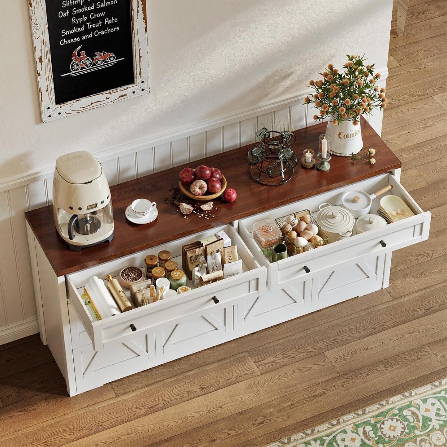 61'' Farmhouse Sideboard Buffet Cabinet with Storage, Large Kitchen Storage Cabinet with Barn Doors Drawers, Brown Coffee Bar Table for Dining Room Kitchen