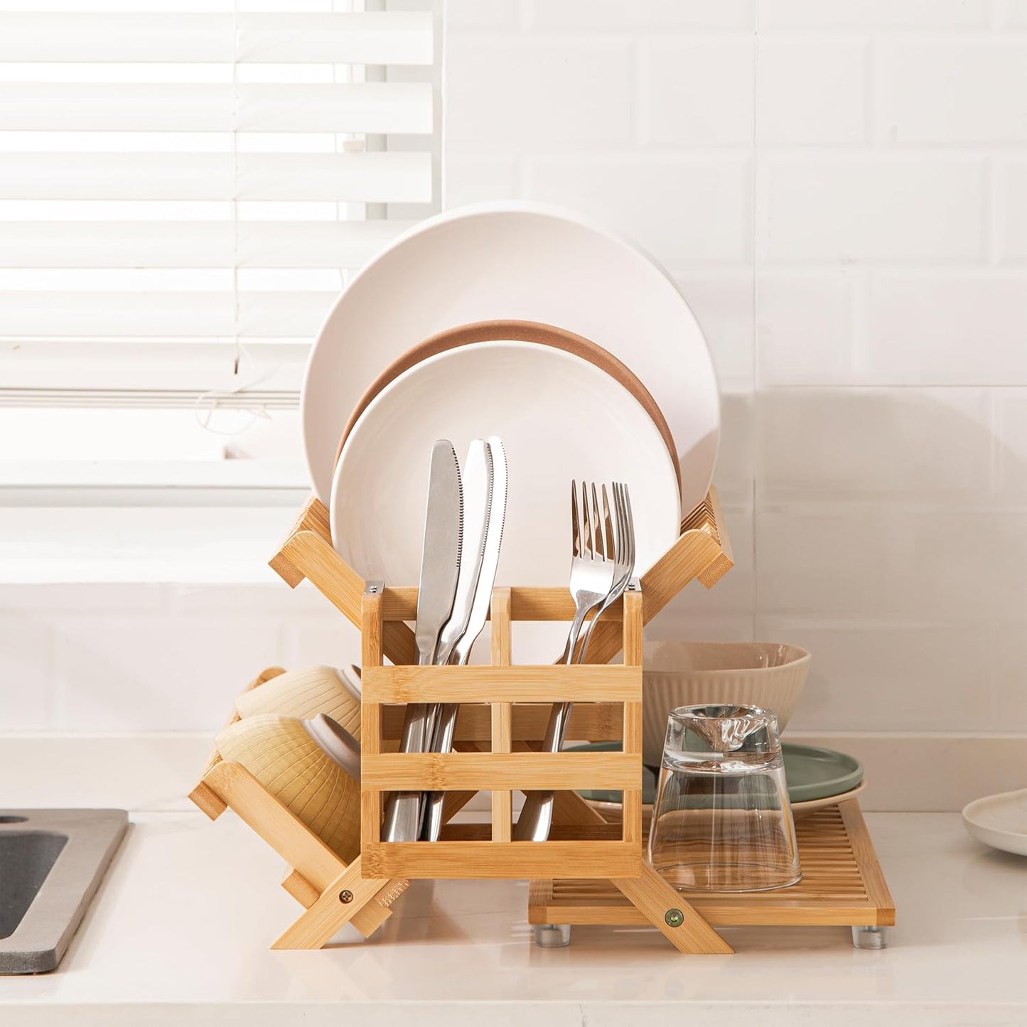 HBlife Bamboo Dish Drying Rack with Utensil Holder, 3-Tier Large Collapsible Wooden Dish Drainer Rack, Folding Drying Holder Dish Drainer for Kitchen Counter