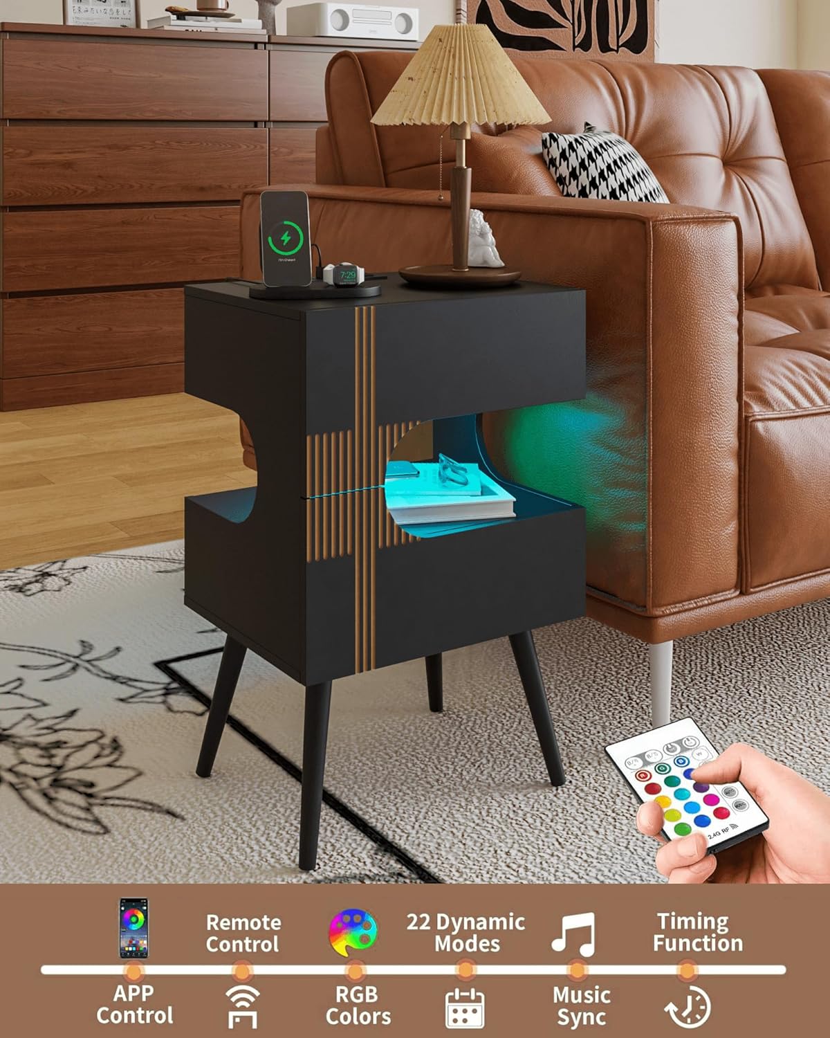 Black Nightstand with Charging Station and LED Lights,Modern Bedside Table with 2 Storage Drawer,Night Stand with Solid Wood Legs,White (Black-2)