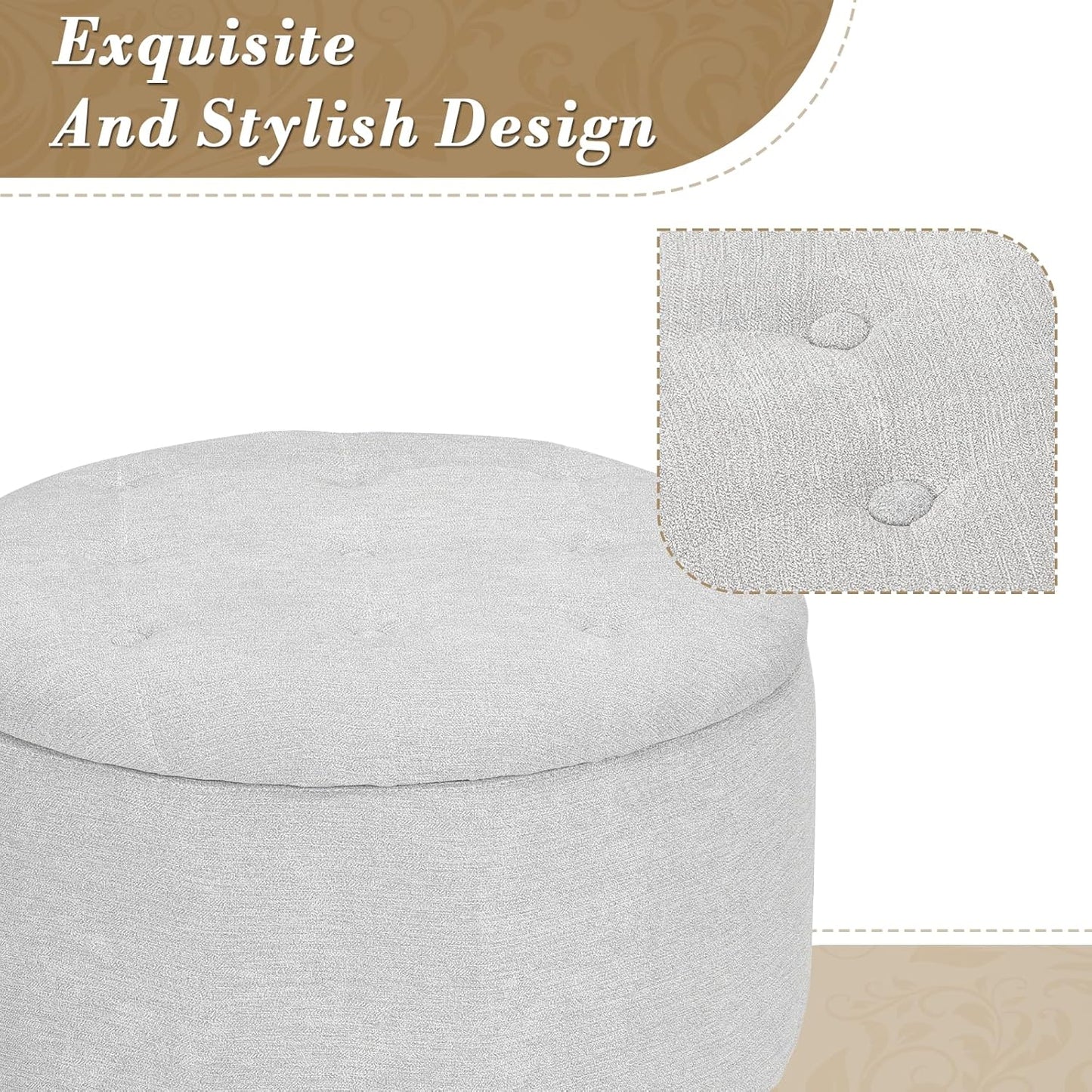 Athena Collection 24.5 Inch Small Ottoman with Storage, Round Linen Fabric Storage Ottoman Foot Rest with Removable Lid, Multipurpose Footstool Footrest for Livingroom, Bedroom, Dorm, Grey