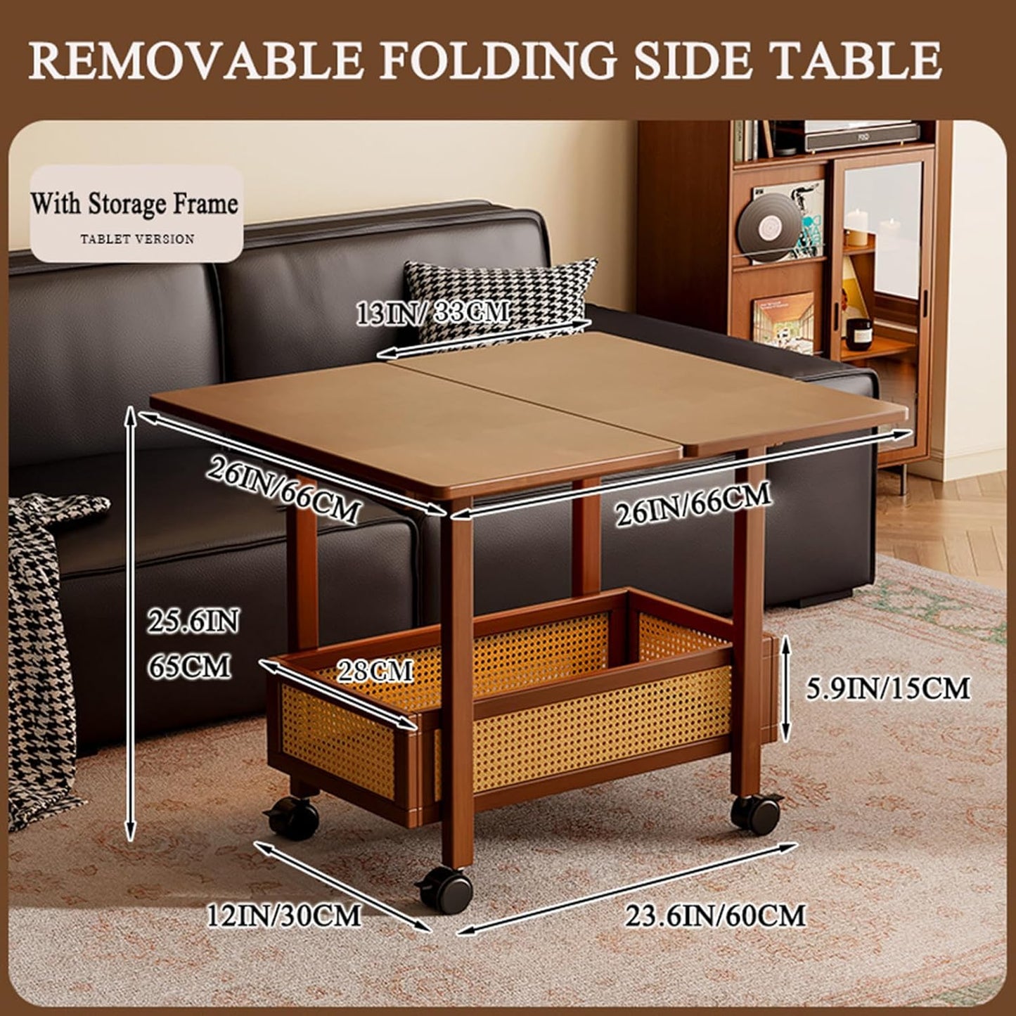 C-Shaped End Table, Sofa Side Table with Rotating Wheels, Rolling End Table with Storage, Small Couch Side Table for Bedroom, Swivel Tray Table for Living Room, Office (Square)