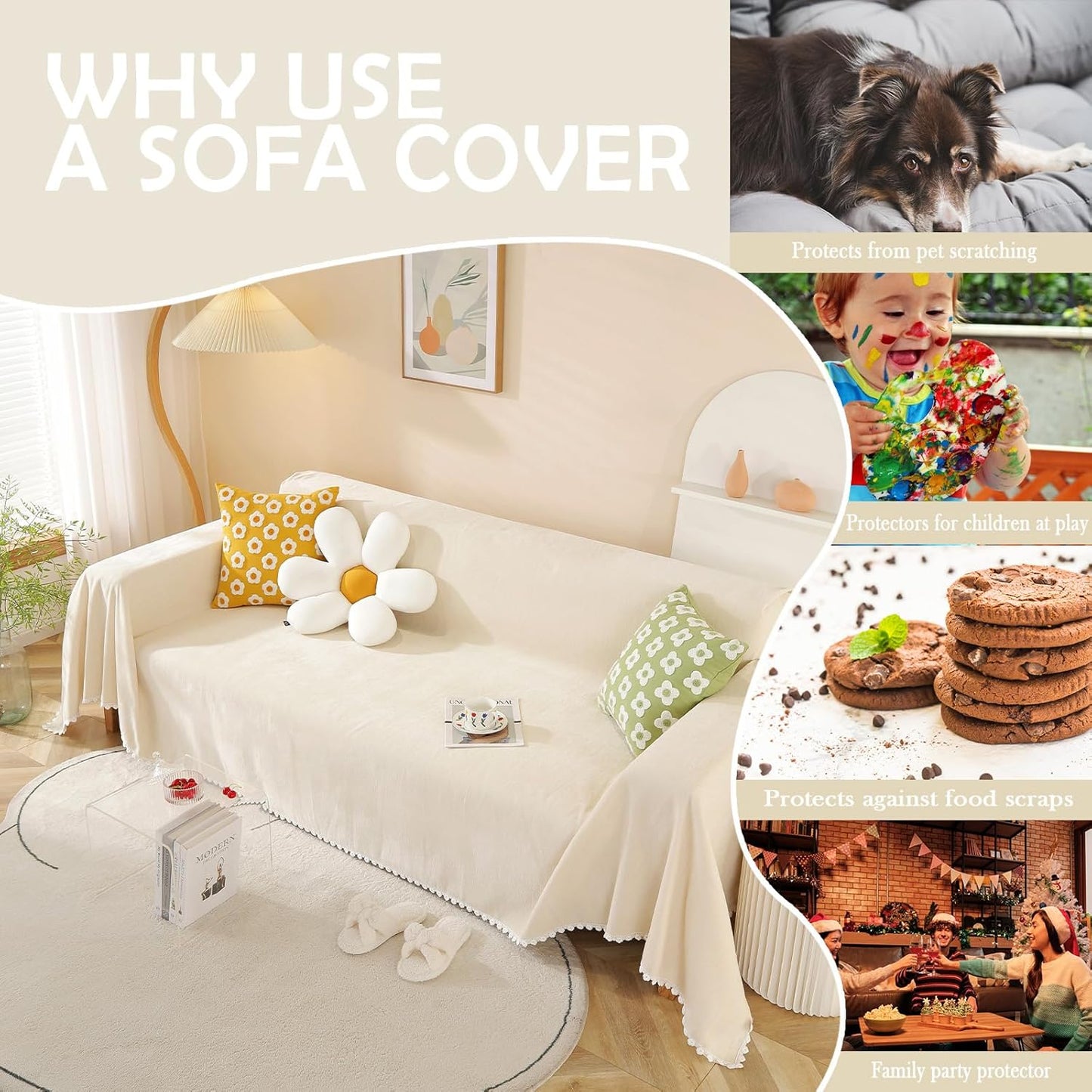 HANDONTIME Beige Couch Covers for 3 Cushion Sofa - Cute Daisy Lace Pet Protector - Thick Chenille Cover for Dogs & Sectional Sofas - 71" X150"