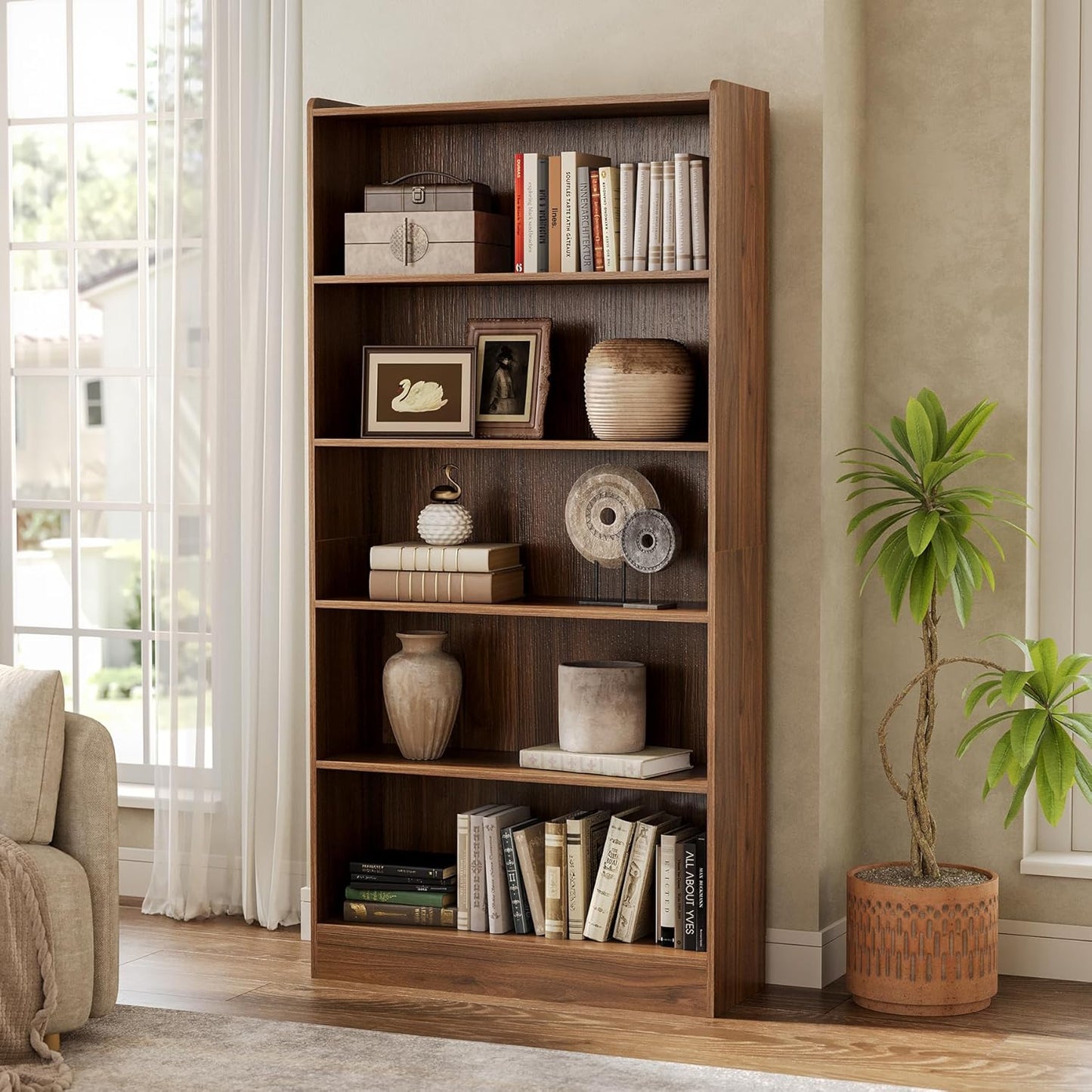 LITTLE TREE 72-Inch Tall Bookcase, 6-Tier Wooden Large Bookshelf, Wide Bookcase Bookshelves, Freestanding Modern Display Shelving Unit for Living Room, Bedroom, Office, Rustic Brown