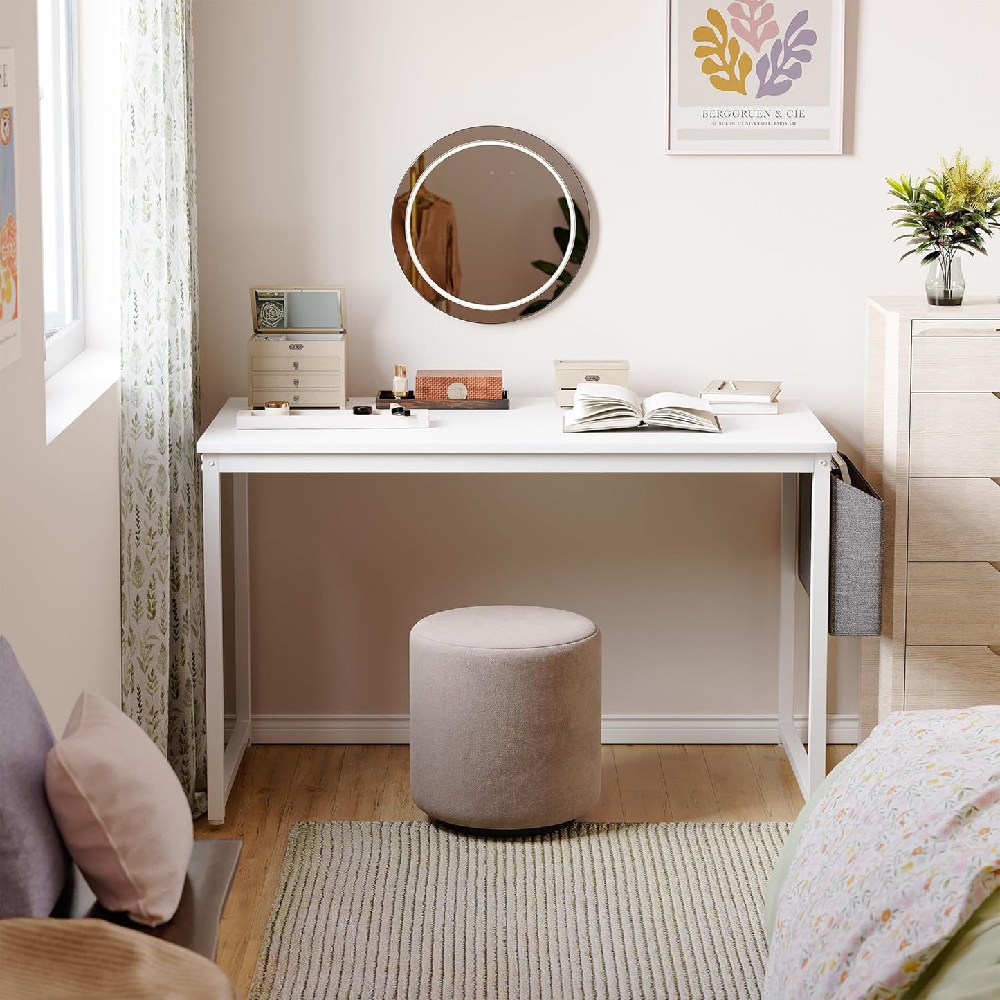 Cubiker Computer Desk 63 inch Home Office Writing Study Desk, Modern Simple Style Laptop Table with Storage Bag, White Metal Frame, White