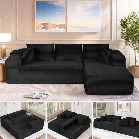 Cloud Sectional Couch, 104”L-Shape Large Oversized Sofa with Left Chaise Lounge, Modular Sleeper Couch with Pillows & Deep Seat, Flannel Velvet Compressed Sofa for Living Room, Black